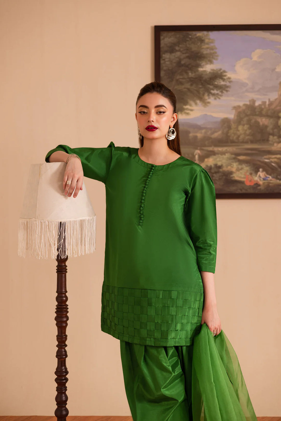 ATM26126 | Pakistani Designer 3 Piece Silk Suit Handmade Chatai Design