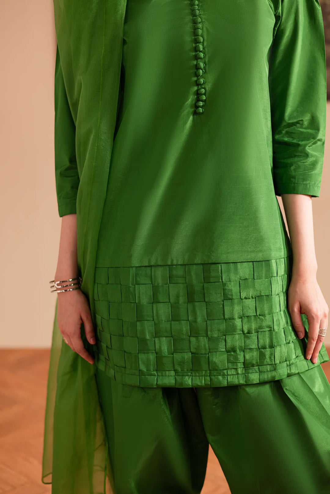 ATM26126 | Pakistani Designer 3 Piece Silk Suit Handmade Chatai Design