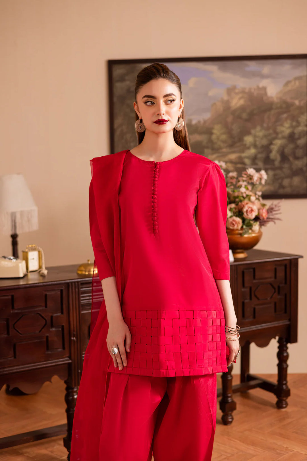 ATM26127 | Pakistani Designer 3 Piece Silk Suit Handmade Chatai Design