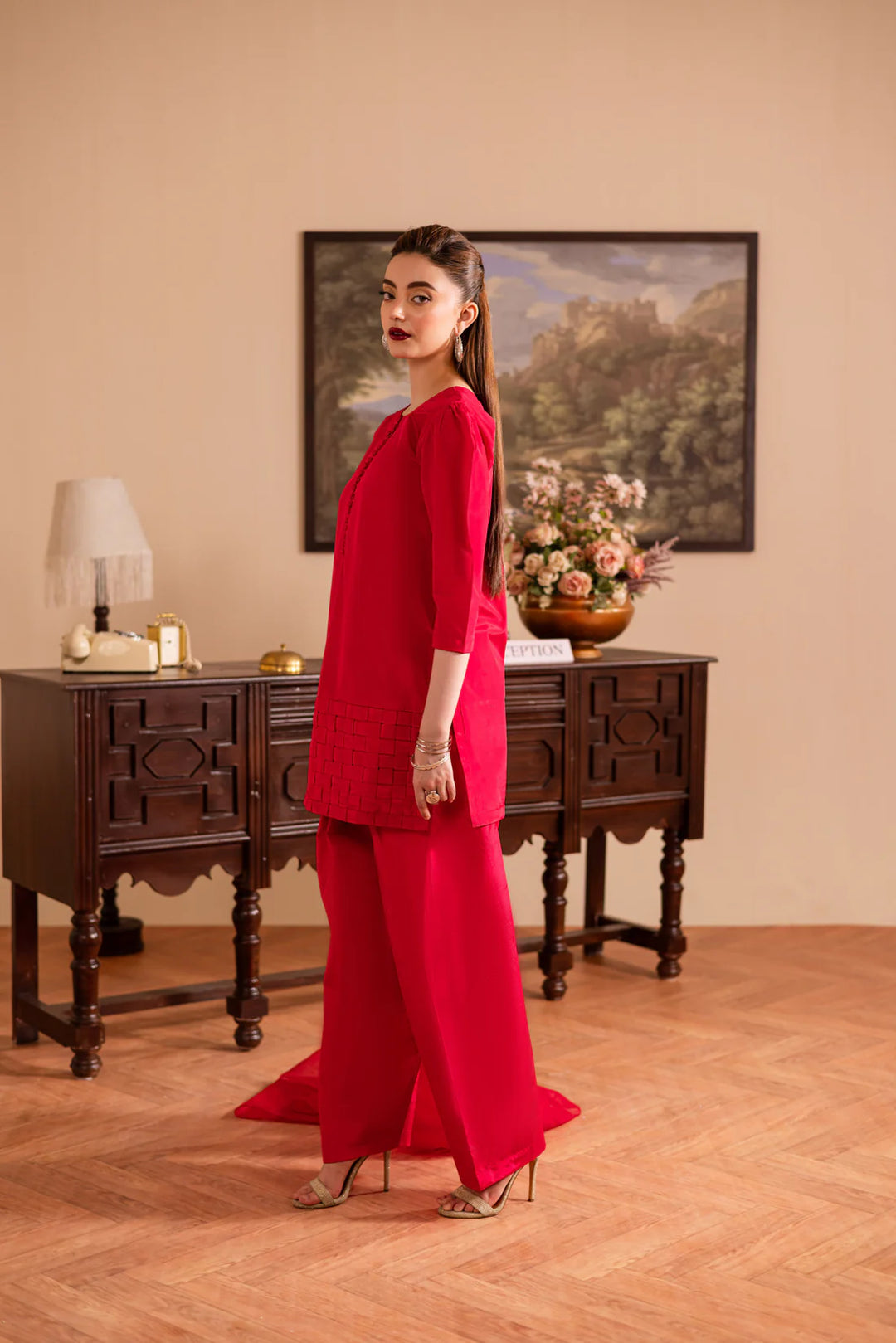 ATM26127 | Pakistani Designer 3 Piece Silk Suit Handmade Chatai Design