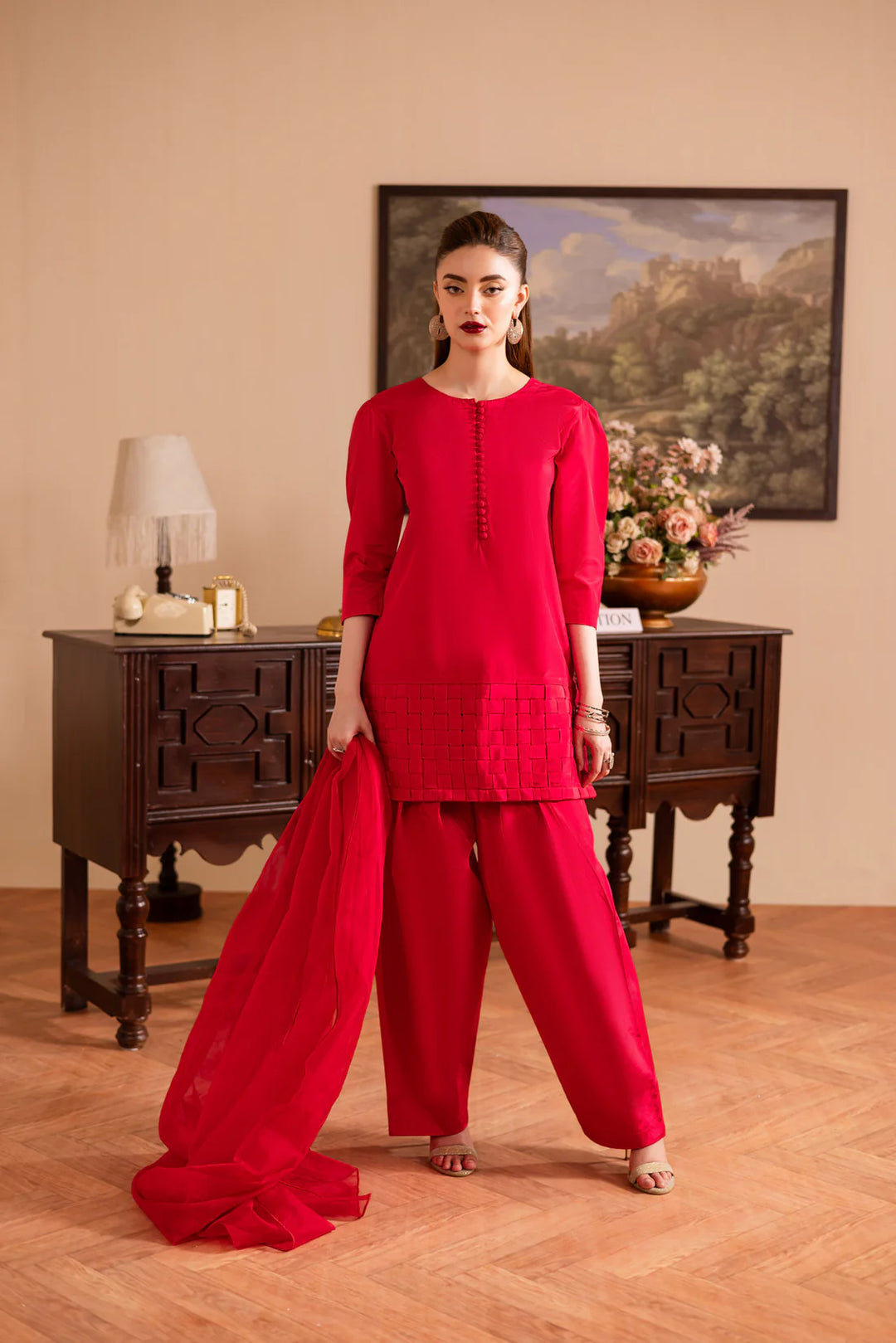 ATM26127 | Pakistani Designer 3 Piece Silk Suit Handmade Chatai Design