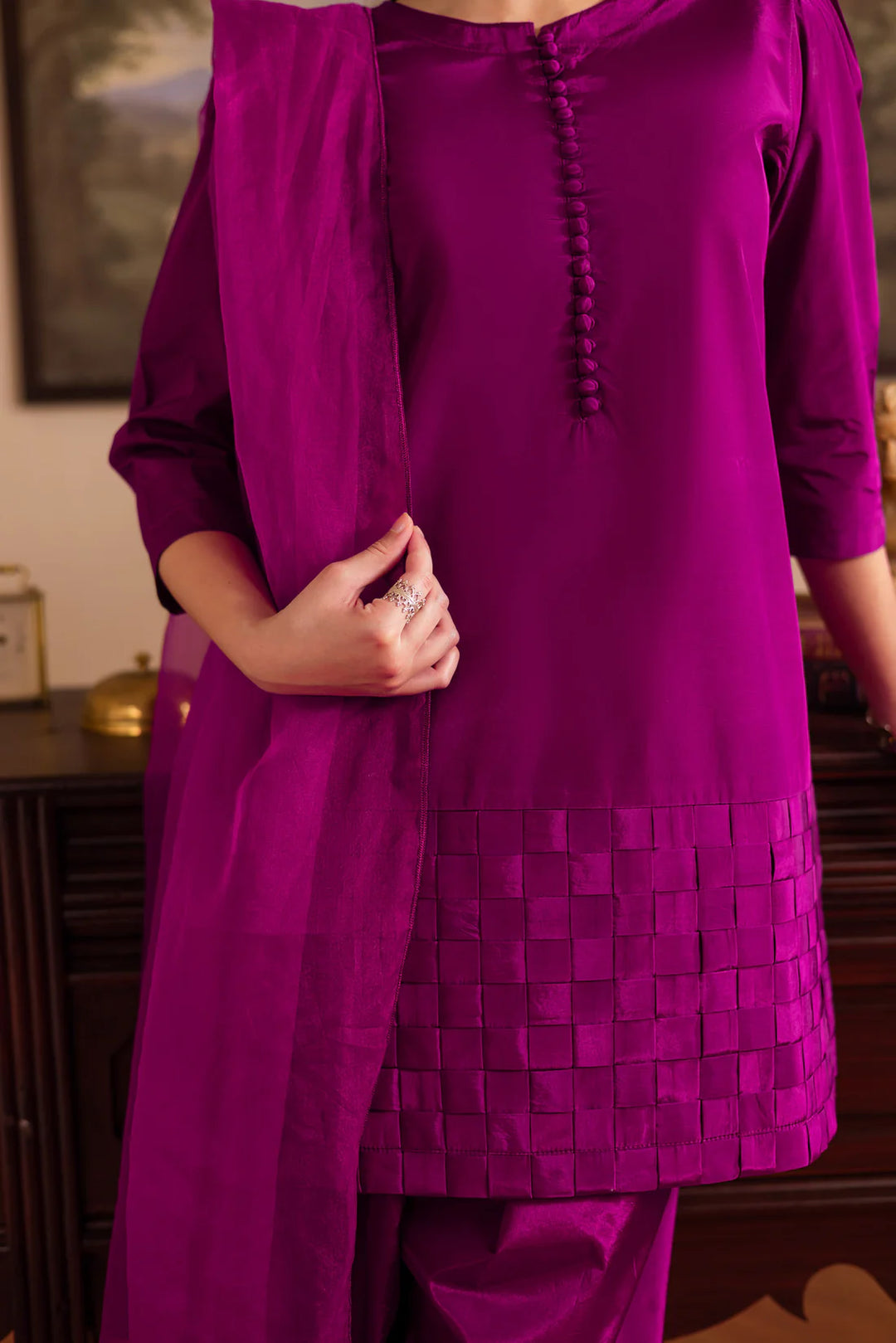 ATM26128 | Pakistani Designer 3 Piece Silk Suit Handmade Chatai Design