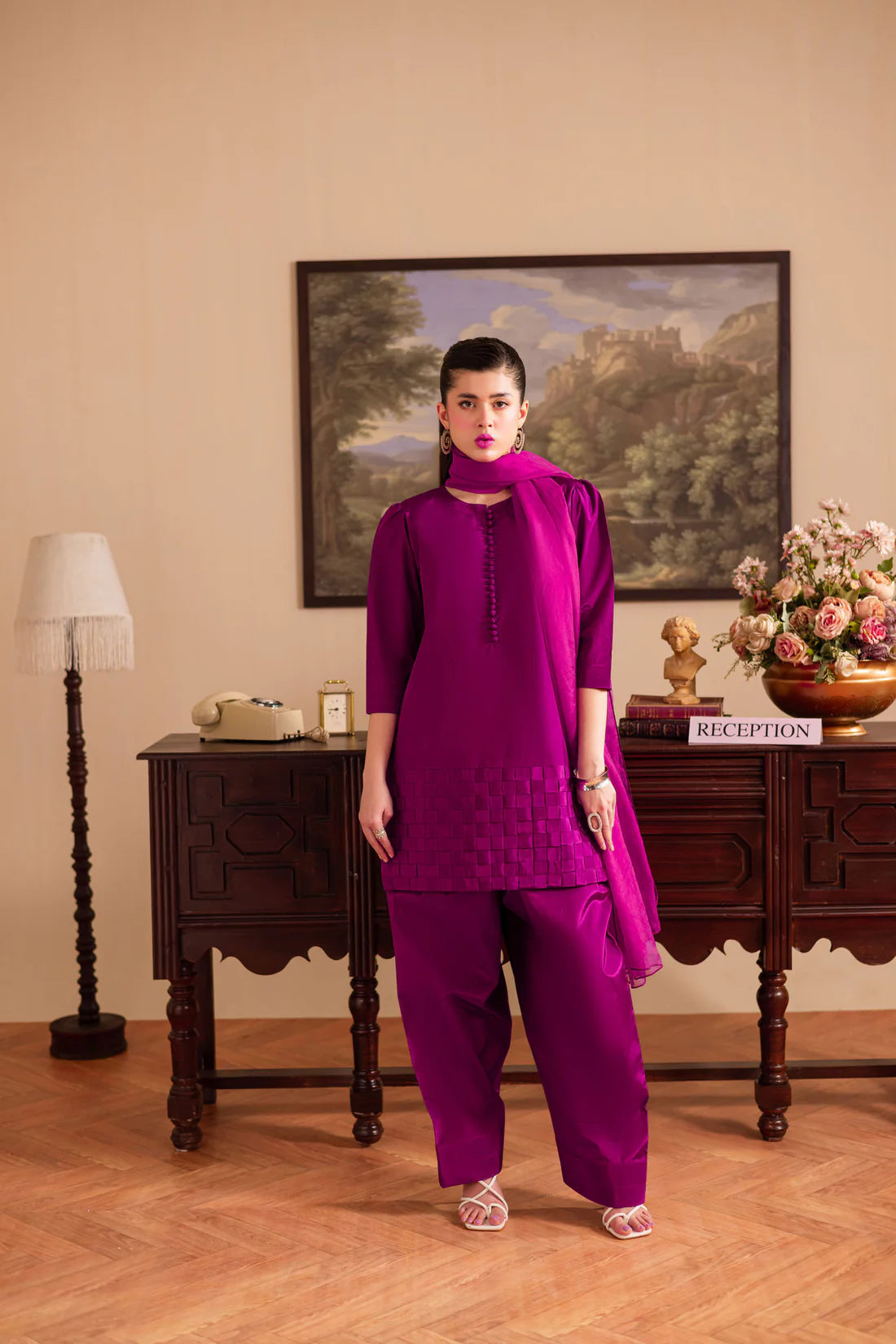 ATM26128 | Pakistani Designer 3 Piece Silk Suit Handmade Chatai Design