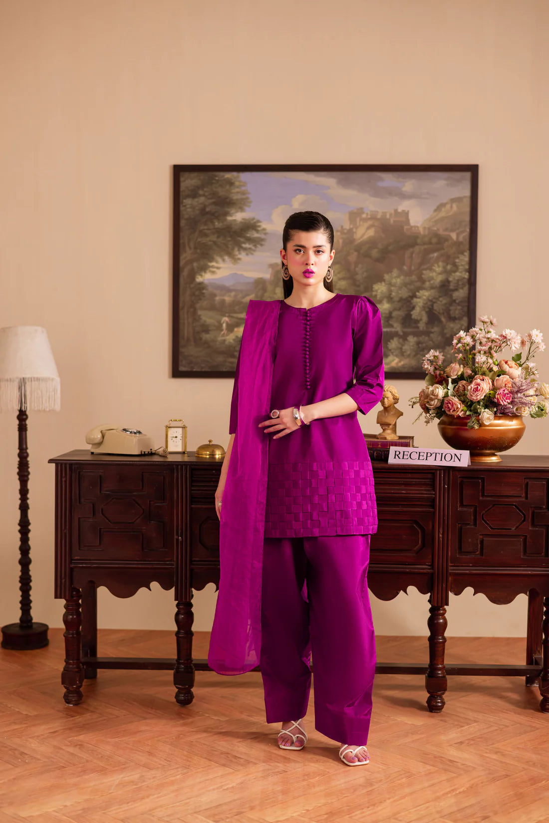 ATM26128 | Pakistani Designer 3 Piece Silk Suit Handmade Chatai Design