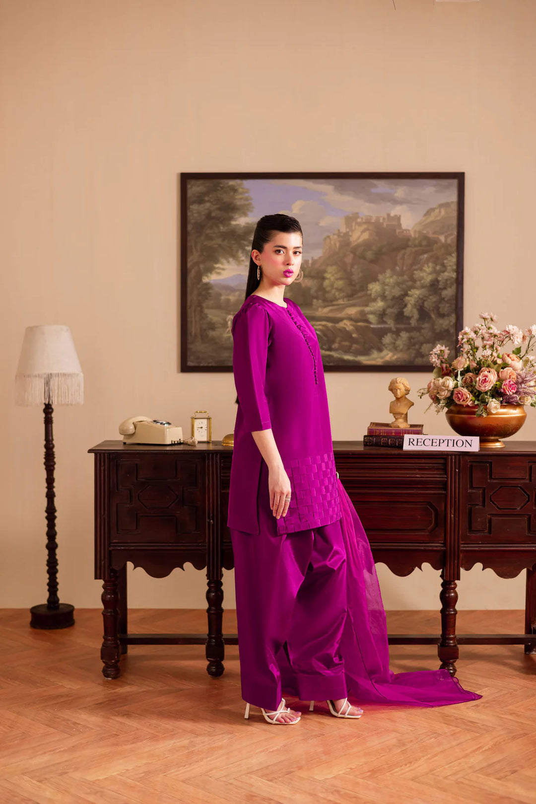 ATM26128 | Pakistani Designer 3 Piece Silk Suit Handmade Chatai Design