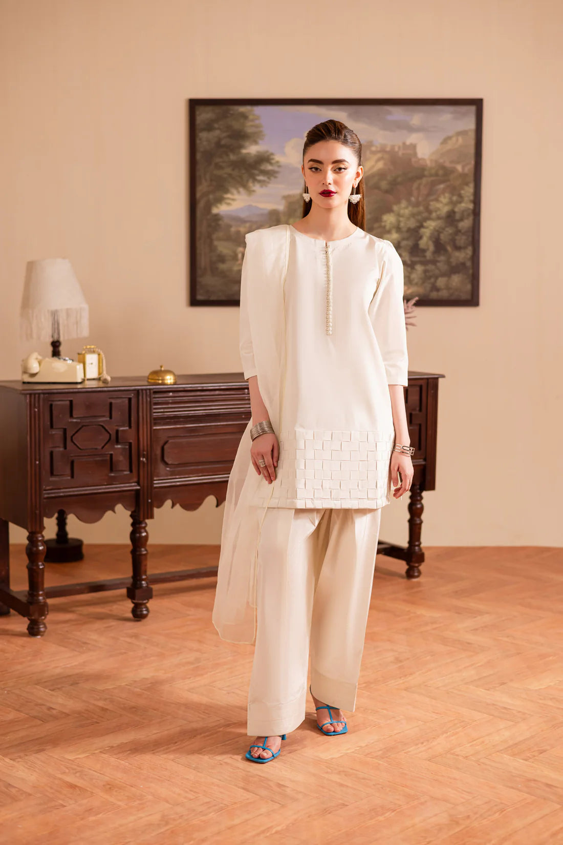 ATM26129 | Pakistani Designer 3 Piece Silk Suit Handmade Chatai Design