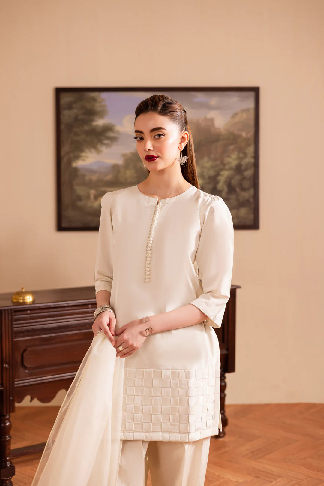 ATM26129 | Pakistani Designer 3 Piece Silk Suit Handmade Chatai Design