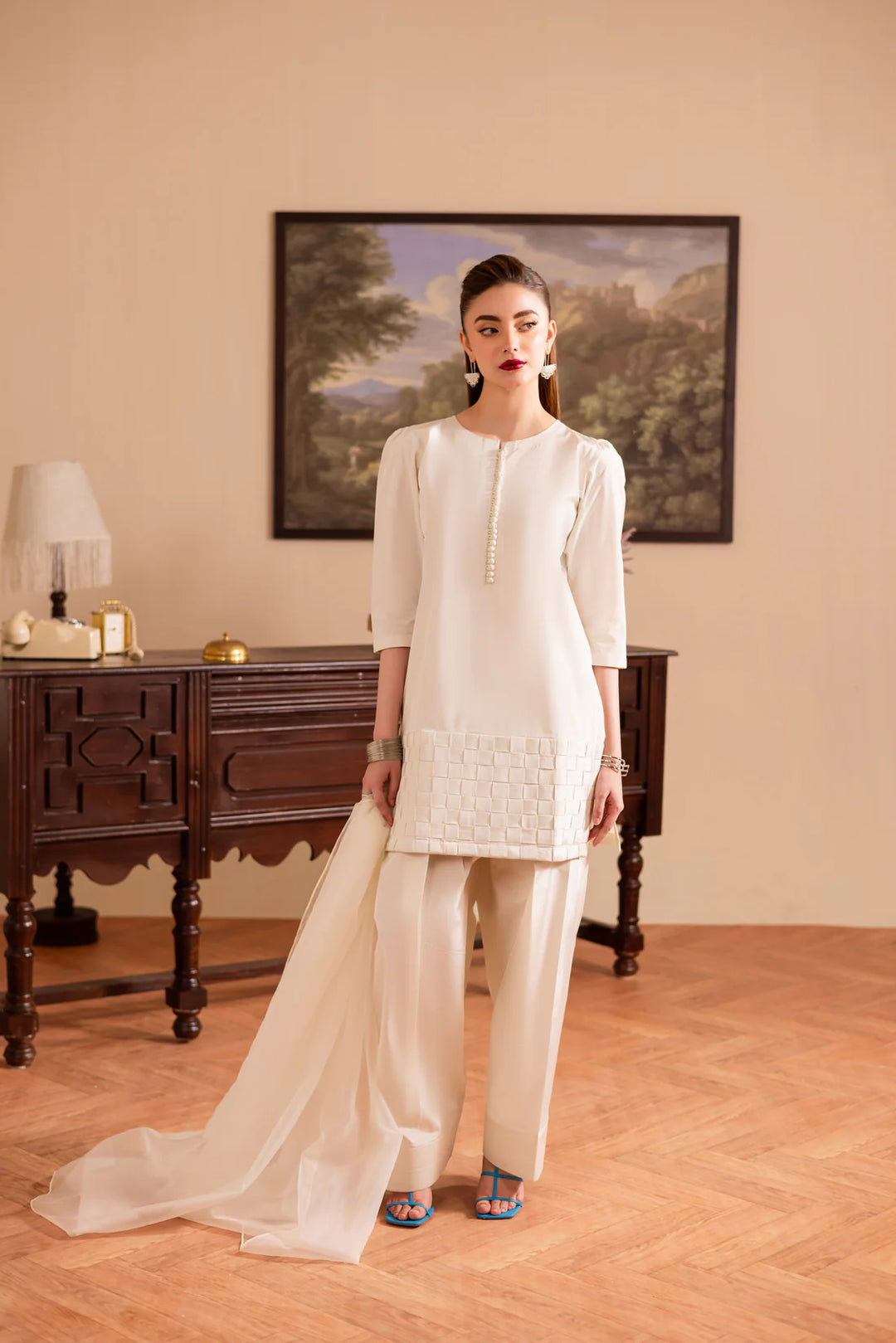 ATM26129 | Pakistani Designer 3 Piece Silk Suit Handmade Chatai Design