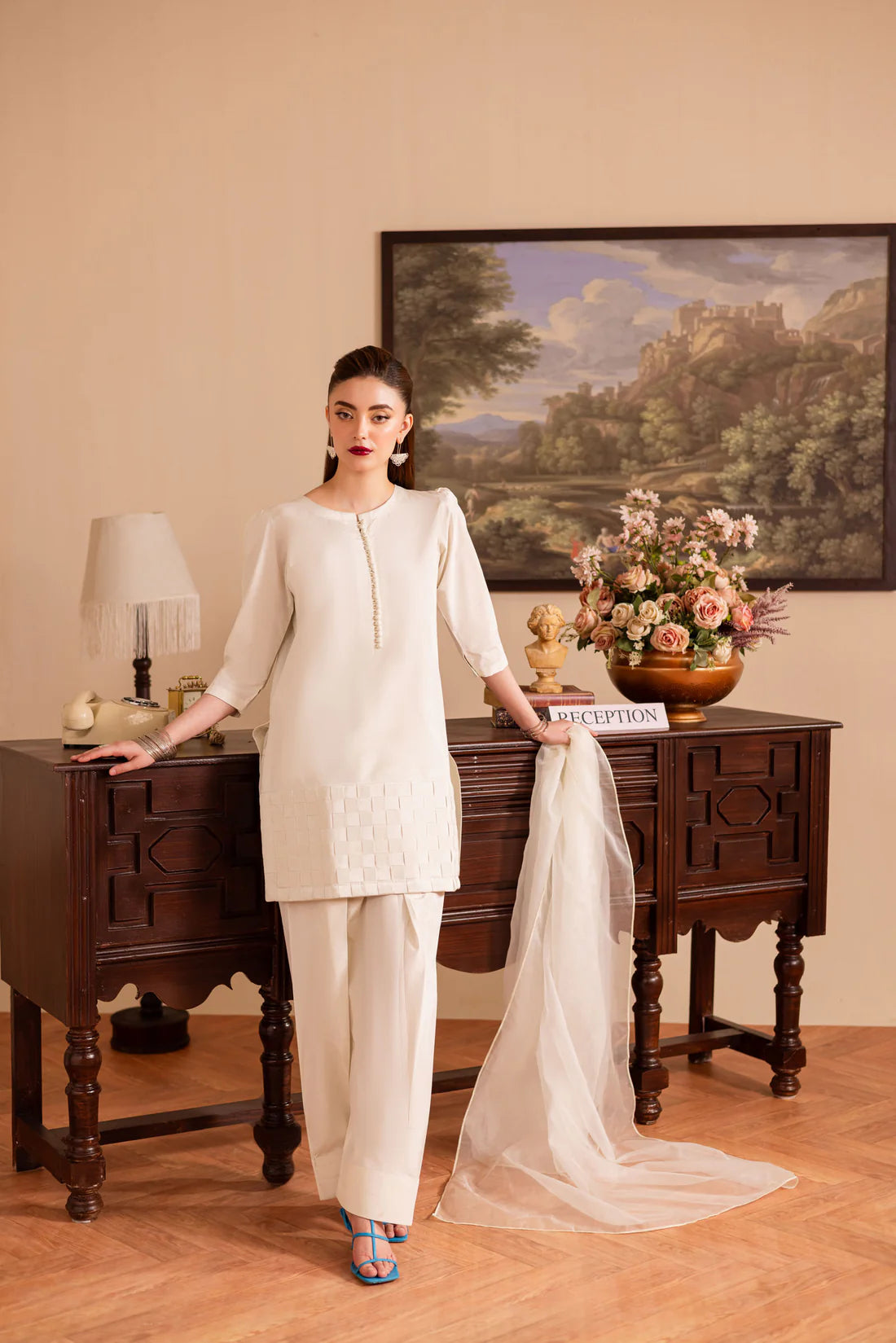 ATM26129 | Pakistani Designer 3 Piece Silk Suit Handmade Chatai Design