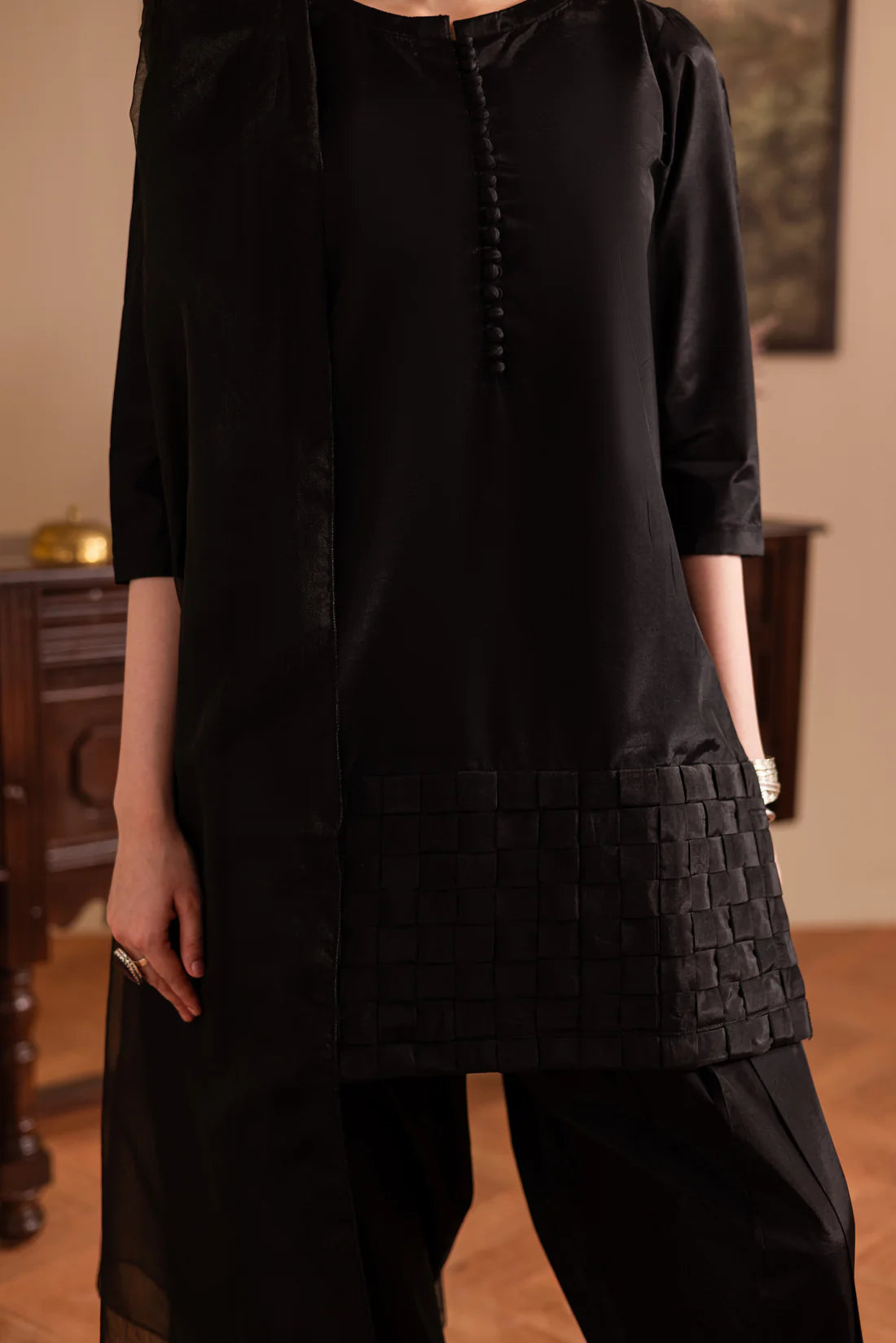 ATM26130 | Pakistani Designer 3 Piece Silk Suit Handmade Chatai Design