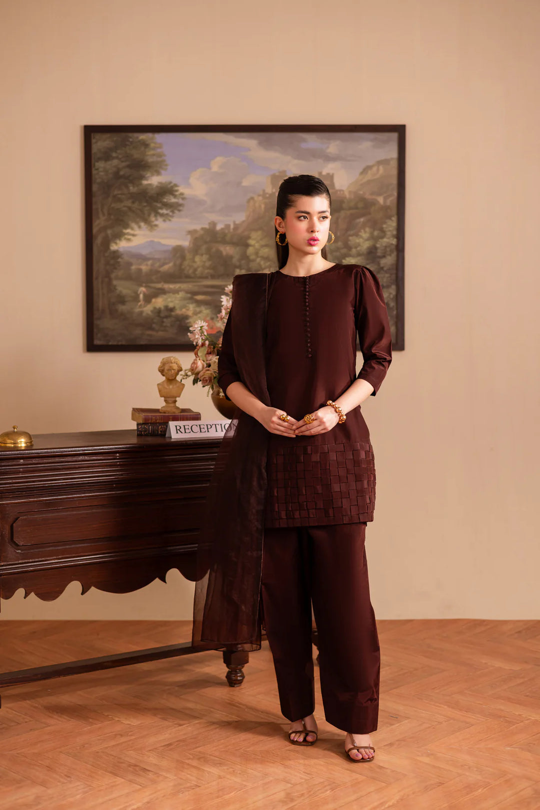 ATM26131 | Pakistani Designer 3 Piece Silk Suit Handmade Chatai Design