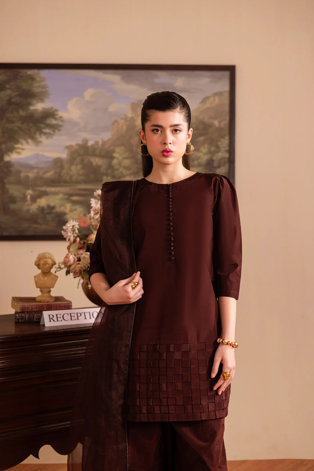 ATM26131 | Pakistani Designer 3 Piece Silk Suit Handmade Chatai Design