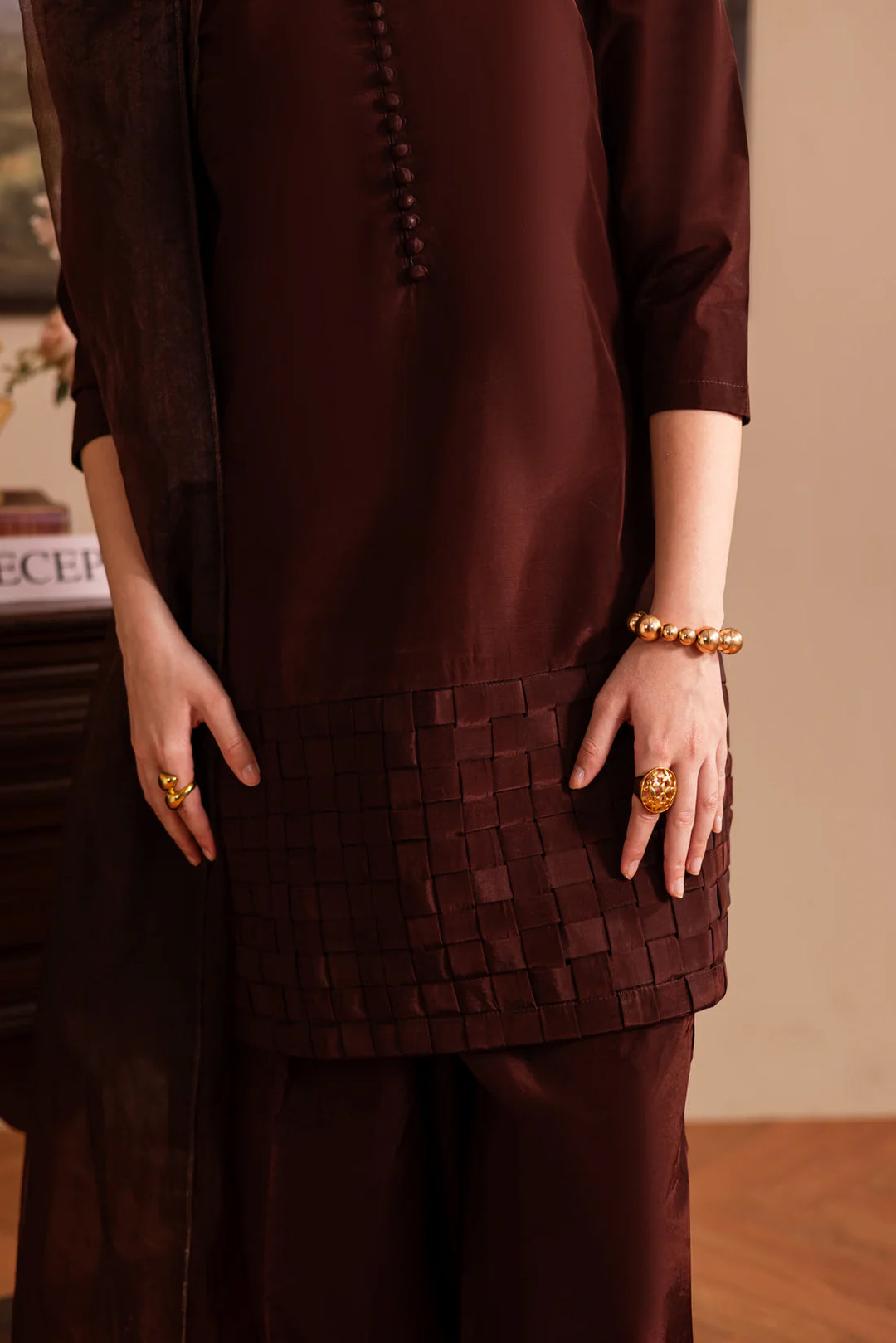 ATM26131 | Pakistani Designer 3 Piece Silk Suit Handmade Chatai Design