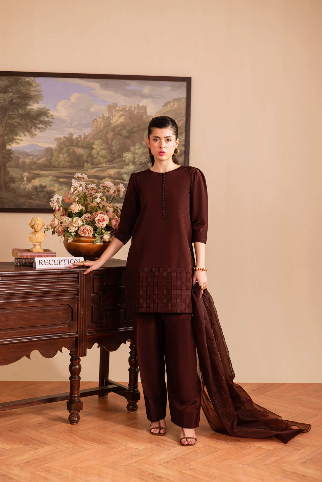 ATM26131 | Pakistani Designer 3 Piece Silk Suit Handmade Chatai Design