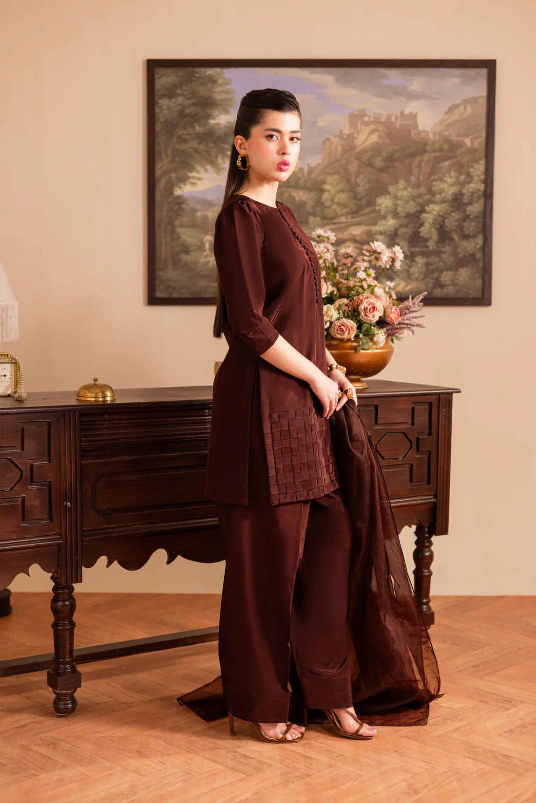 ATM26131 | Pakistani Designer 3 Piece Silk Suit Handmade Chatai Design