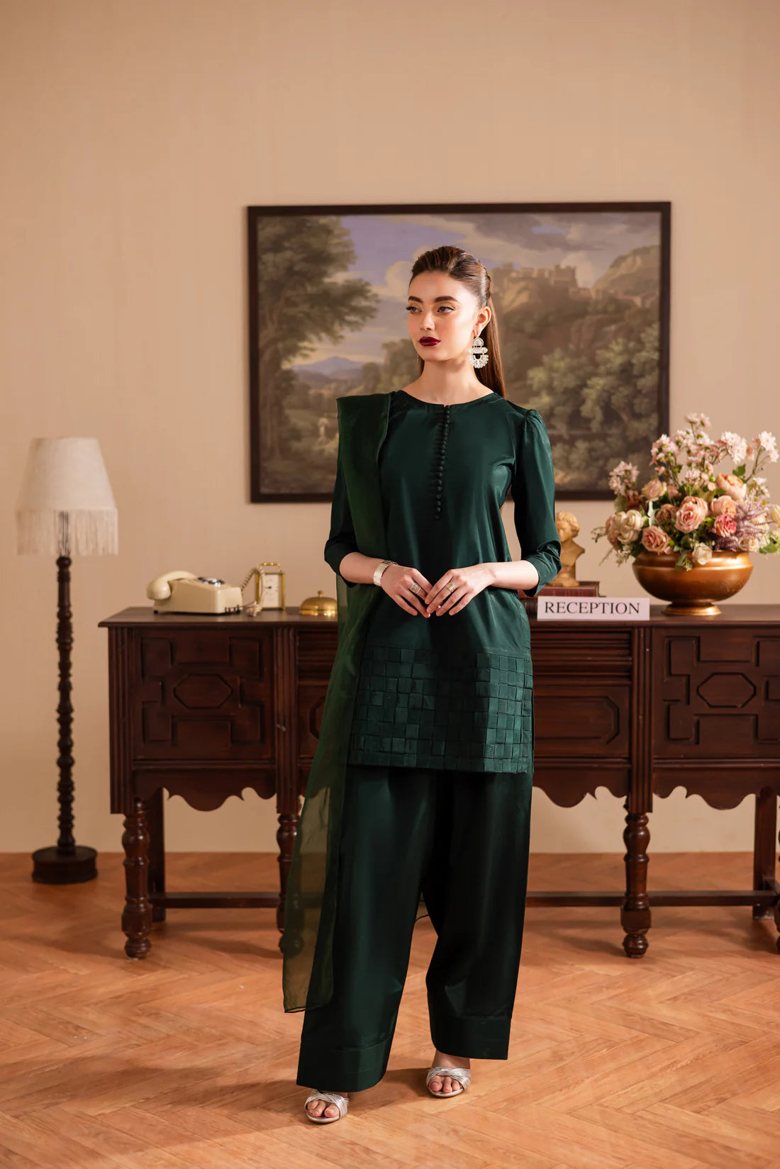 ATM26132 | Pakistani Designer 3 Piece Silk Suit Handmade Chatai Design