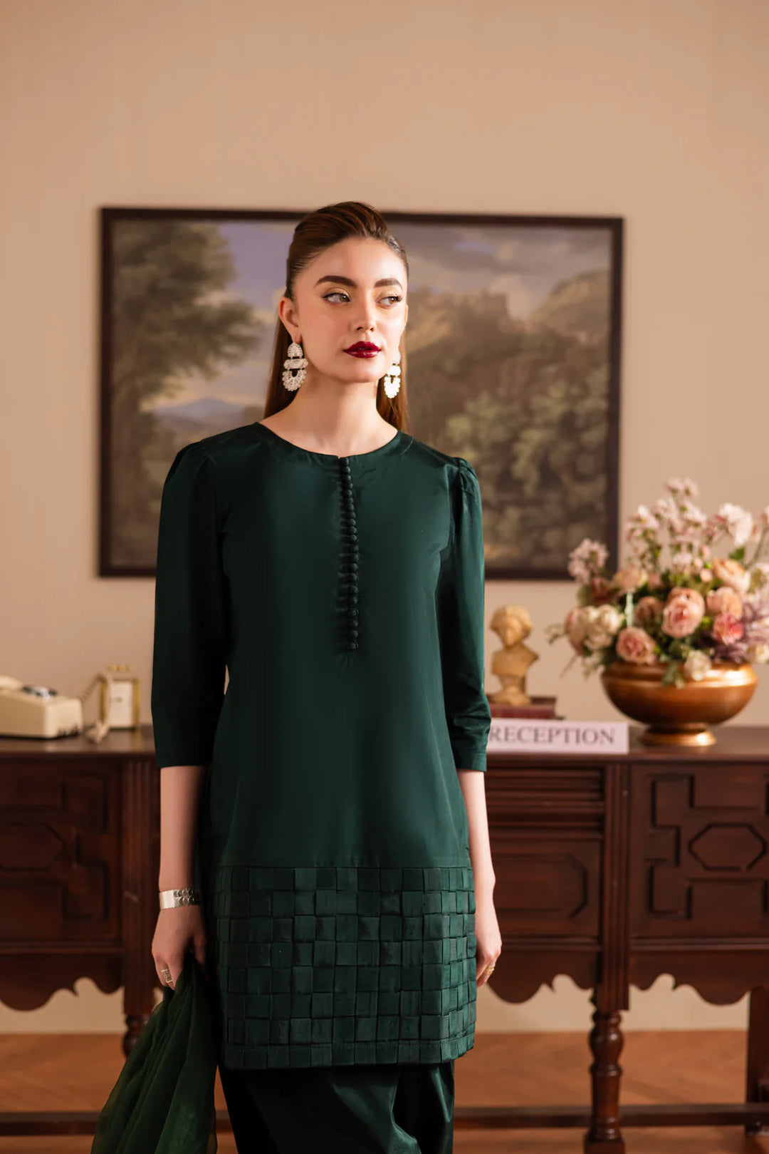 ATM26132 | Pakistani Designer 3 Piece Silk Suit Handmade Chatai Design