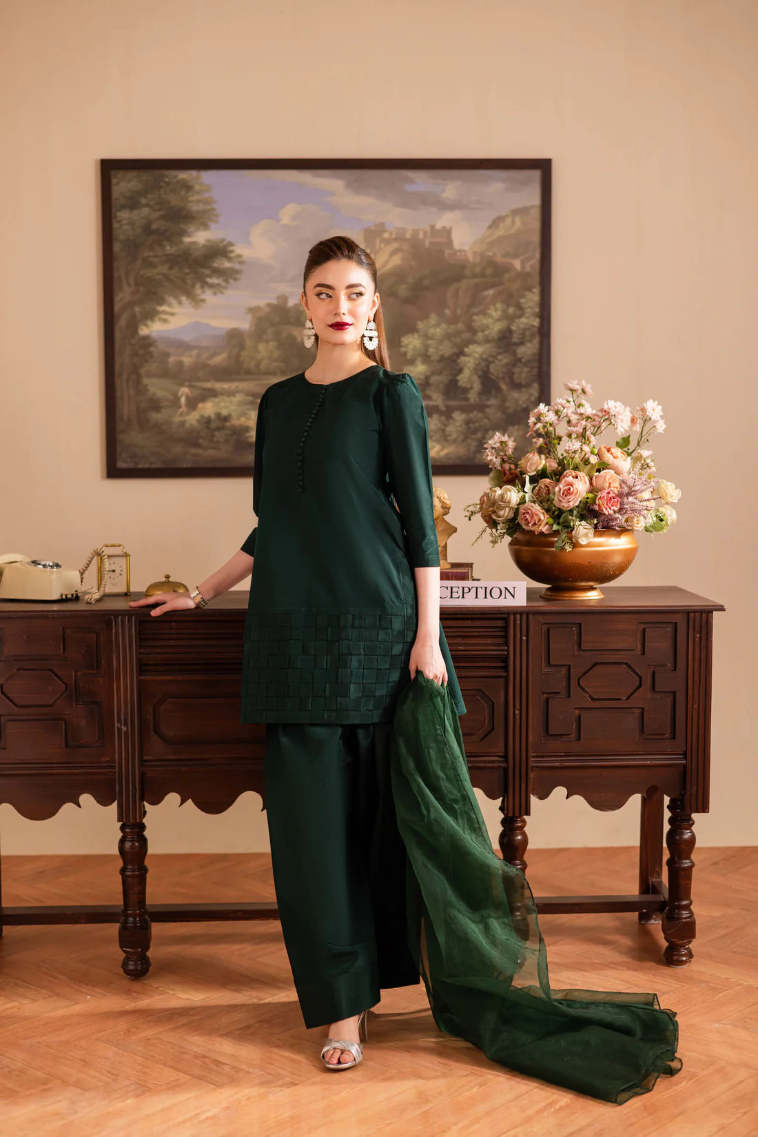 ATM26132 | Pakistani Designer 3 Piece Silk Suit Handmade Chatai Design