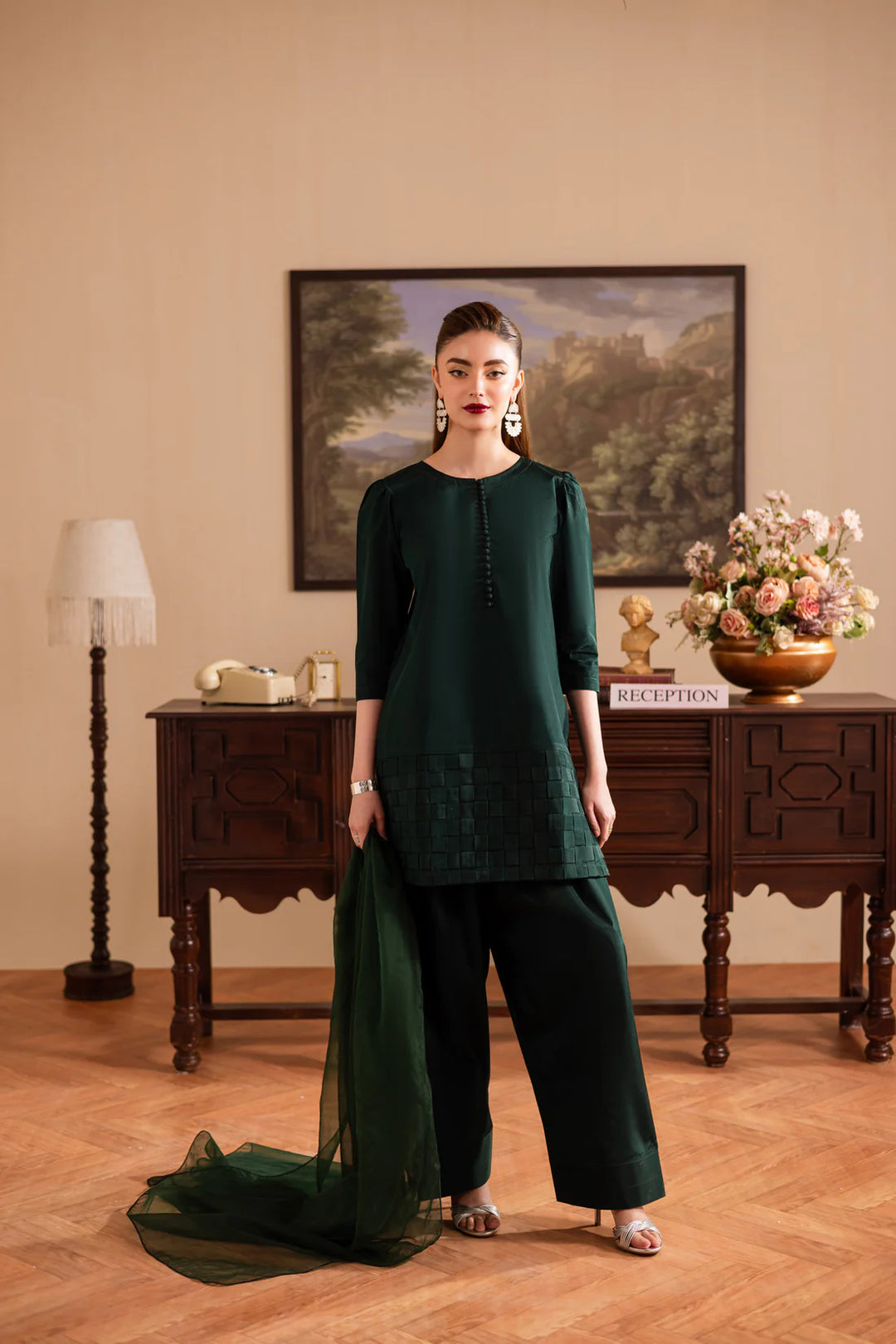 ATM26132 | Pakistani Designer 3 Piece Silk Suit Handmade Chatai Design
