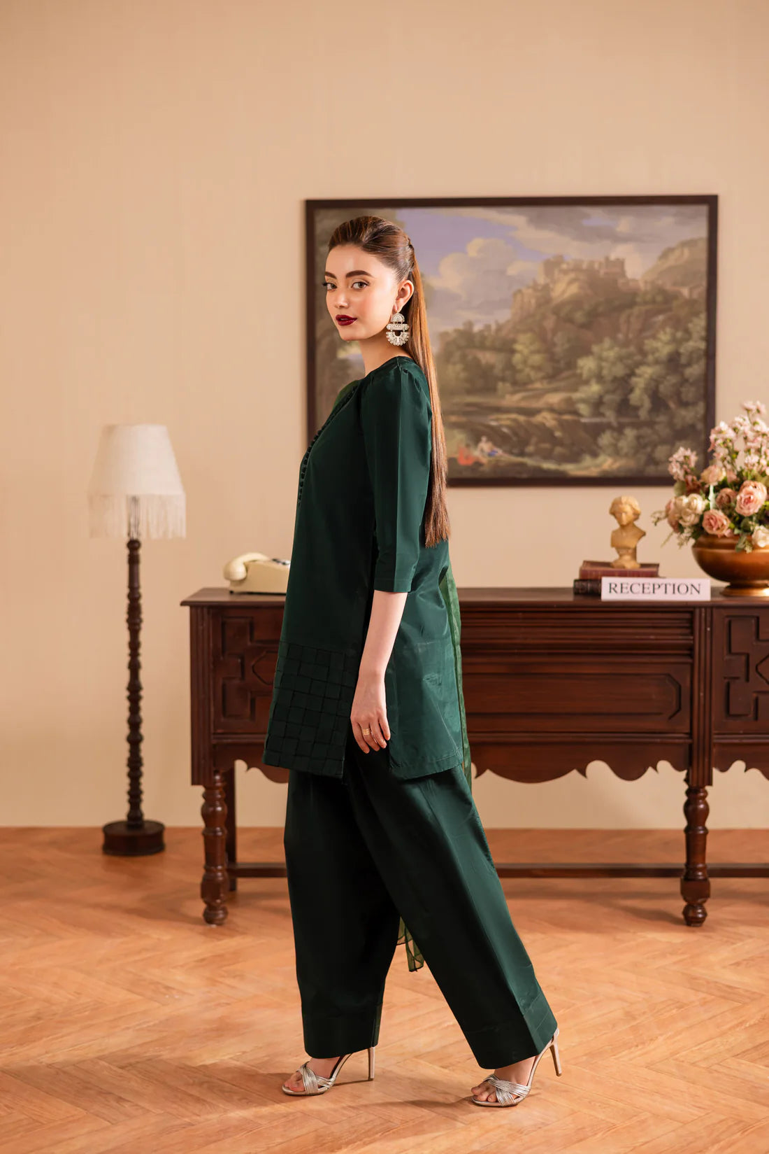 ATM26132 | Pakistani Designer 3 Piece Silk Suit Handmade Chatai Design