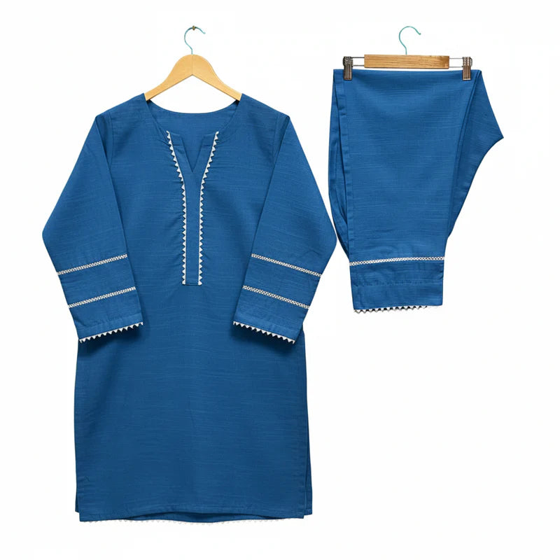 ATM26145 | Pakistani Designer Girls Khaddar Solid Embellished Suit 2pc - Blue