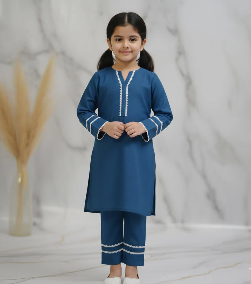 ATM26145 | Pakistani Designer Girls Khaddar Solid Embellished Suit 2pc - Blue