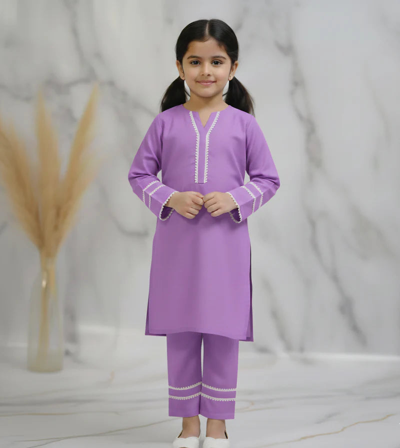 ATM26146 | Pakistani Designer Girls Khaddar Solid Embellished Suit 2pc - Lilac