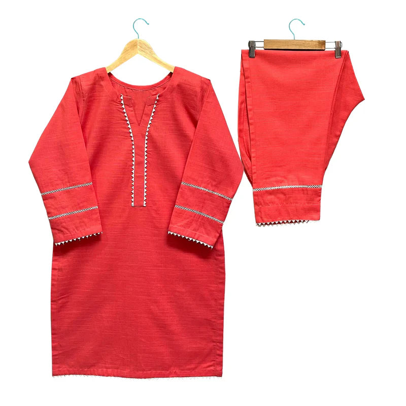 ATM26147 | Pakistani Designer Girls Khaddar Solid Embellished Suit 2pc - Coral Pink