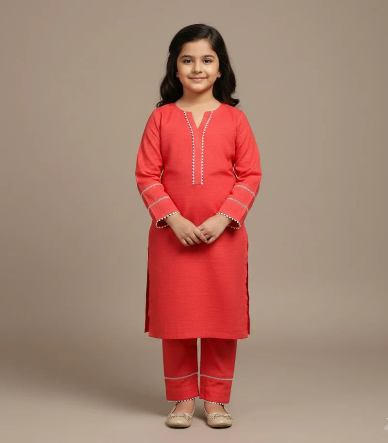ATM26147 | Pakistani Designer Girls Khaddar Solid Embellished Suit 2pc - Coral Pink