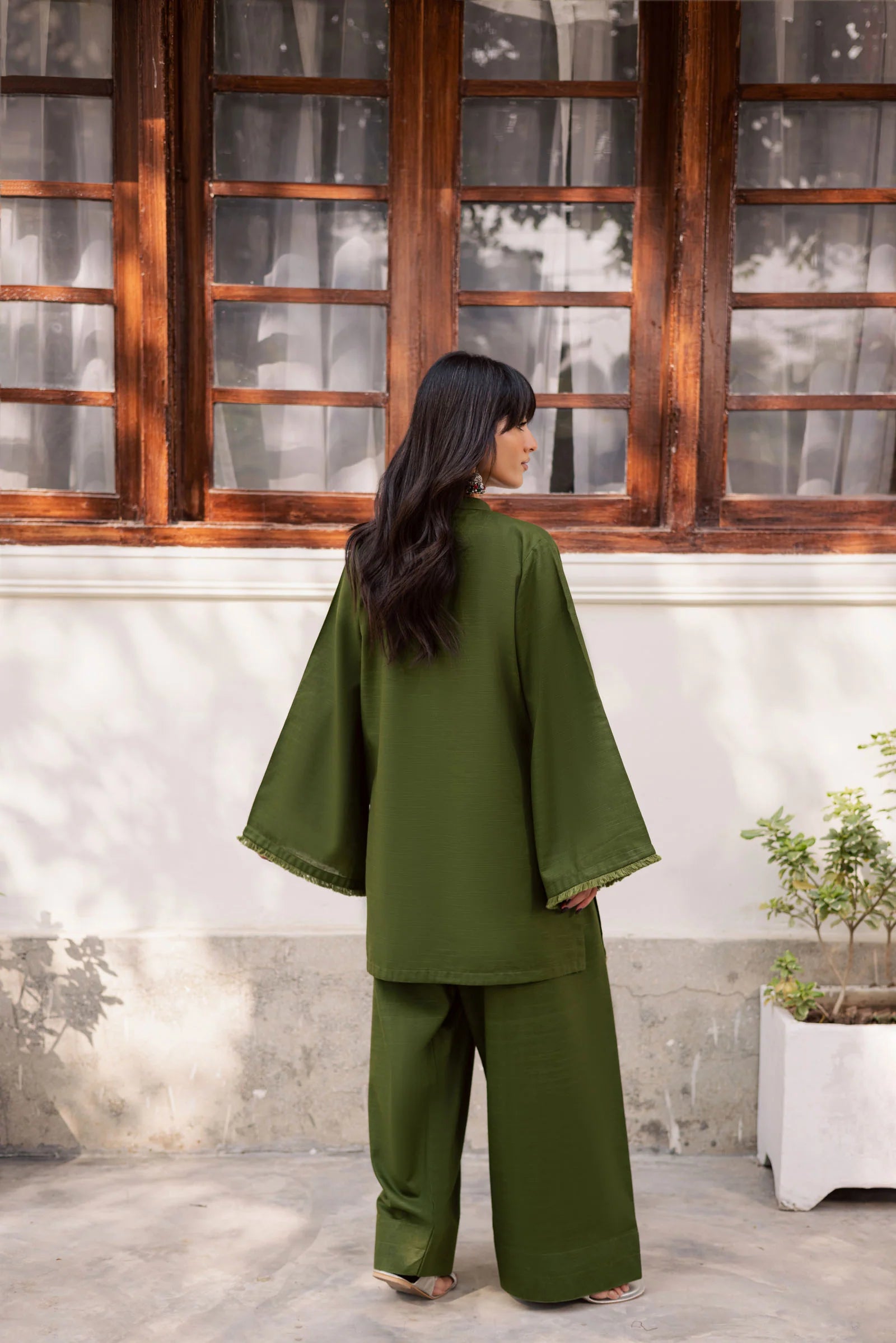 ATM26179 | Pakistani Designer Solid Olive Green Stitched 2PC Khaddar Co-Ord Set