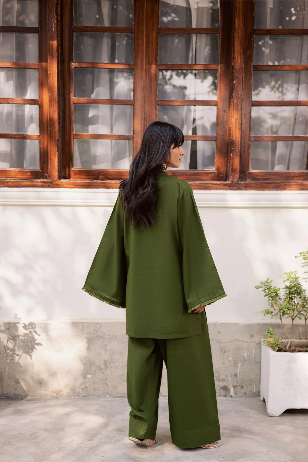 ATM26179 | Pakistani Designer Solid Olive Green Stitched 2PC Khaddar Co-Ord Set