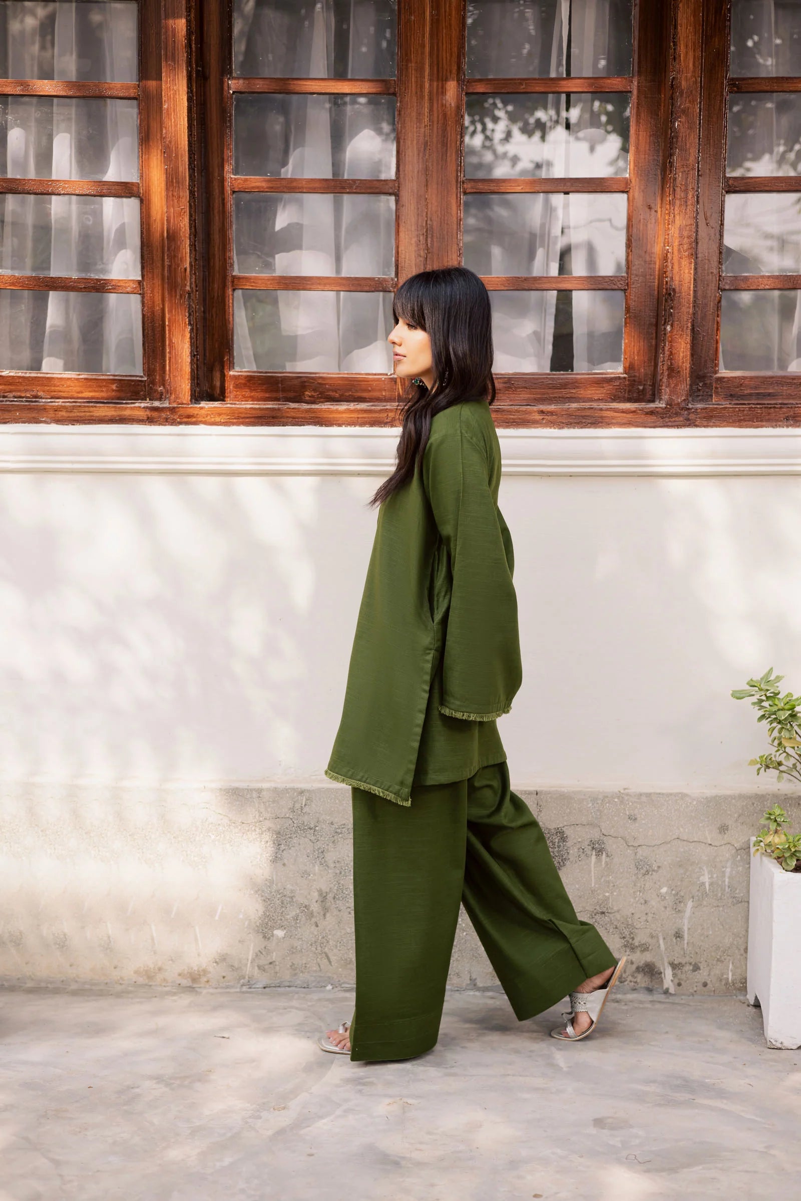 ATM26179 | Pakistani Designer Solid Olive Green Stitched 2PC Khaddar Co-Ord Set