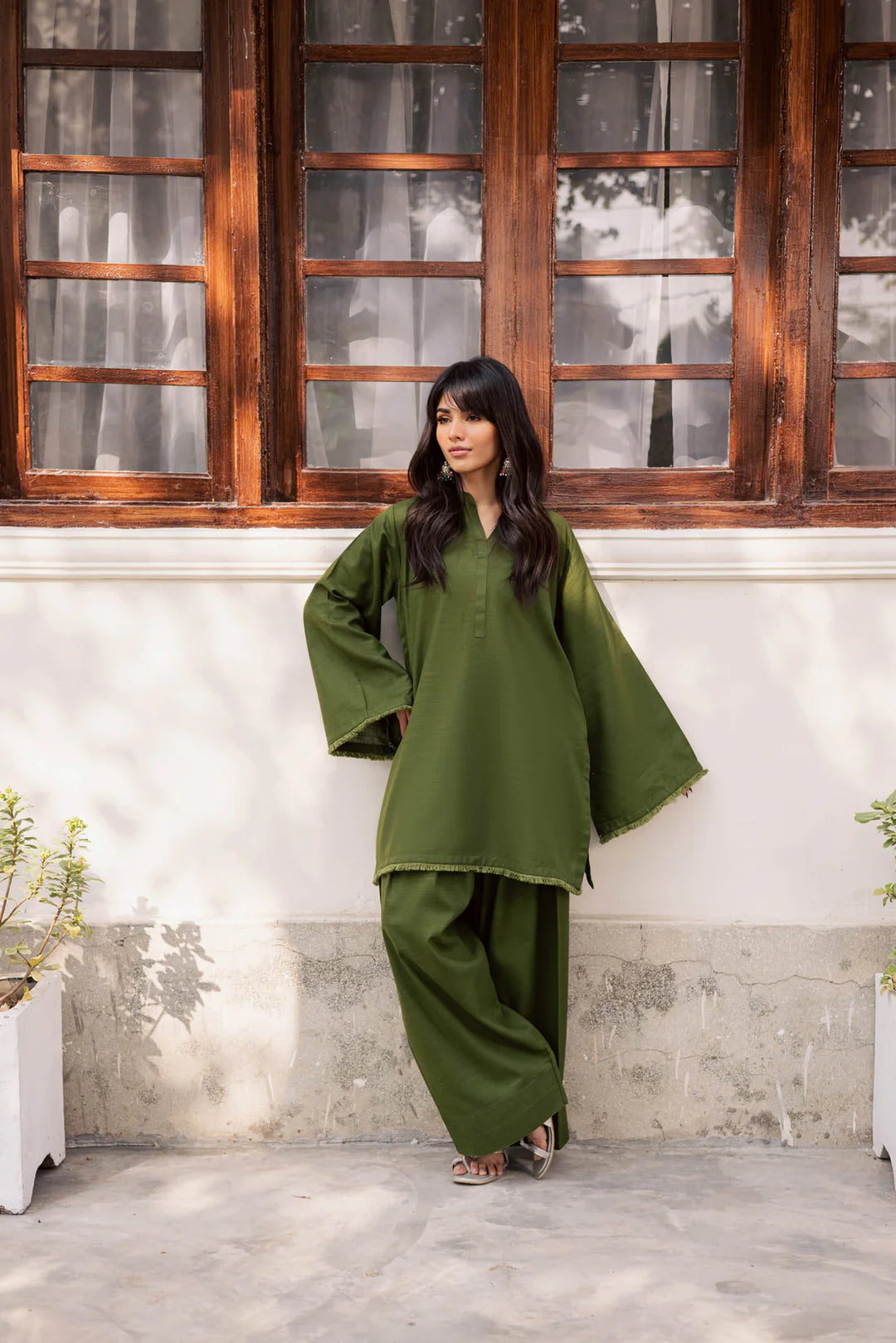 ATM26179 | Pakistani Designer Solid Olive Green Stitched 2PC Khaddar Co-Ord Set