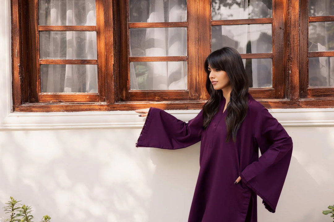 ATM26180 | Pakistani Designer Solid Dark Plum Stitched 2PC Khaddar Co-Ord Set