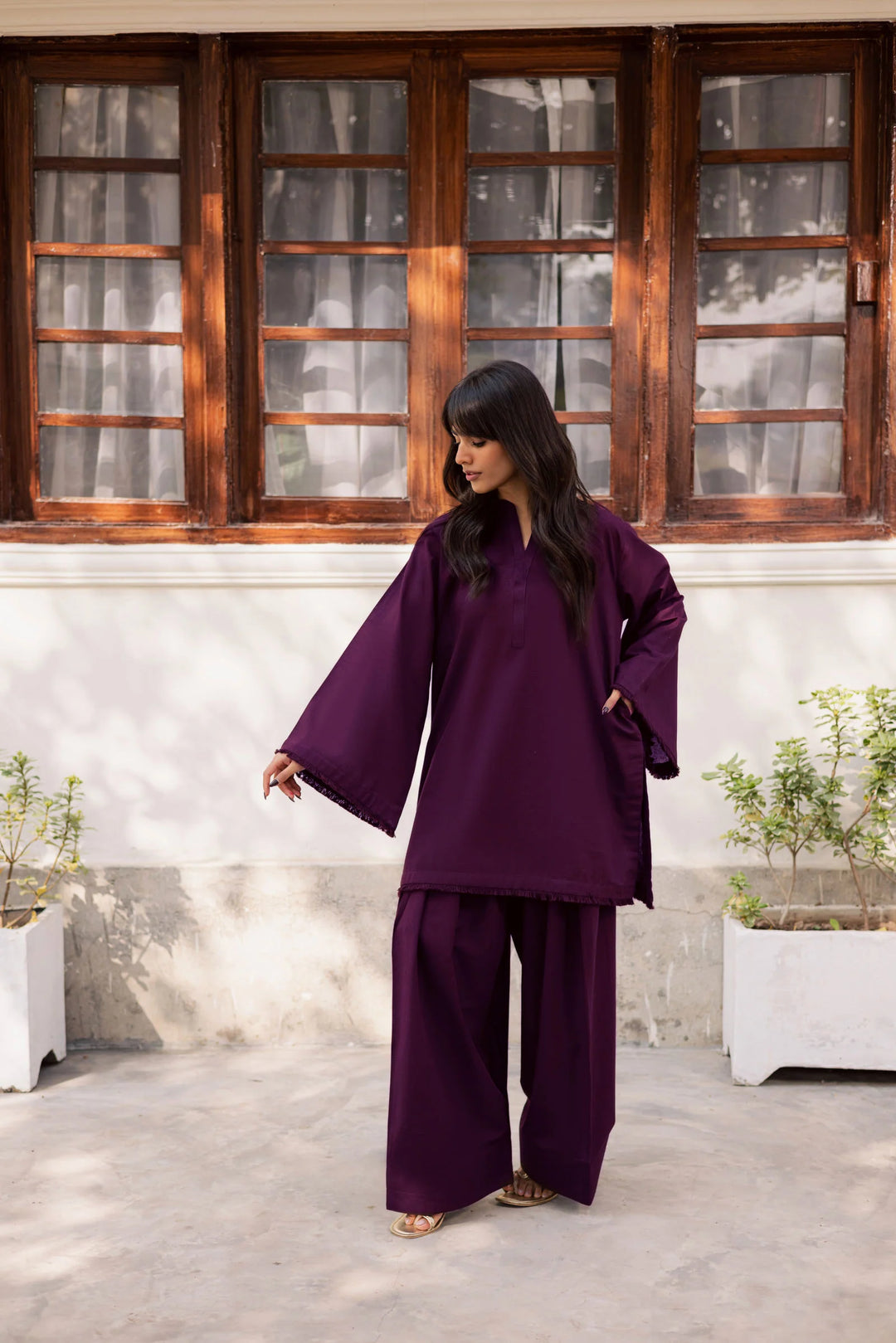 ATM26180 | Pakistani Designer Solid Dark Plum Stitched 2PC Khaddar Co-Ord Set