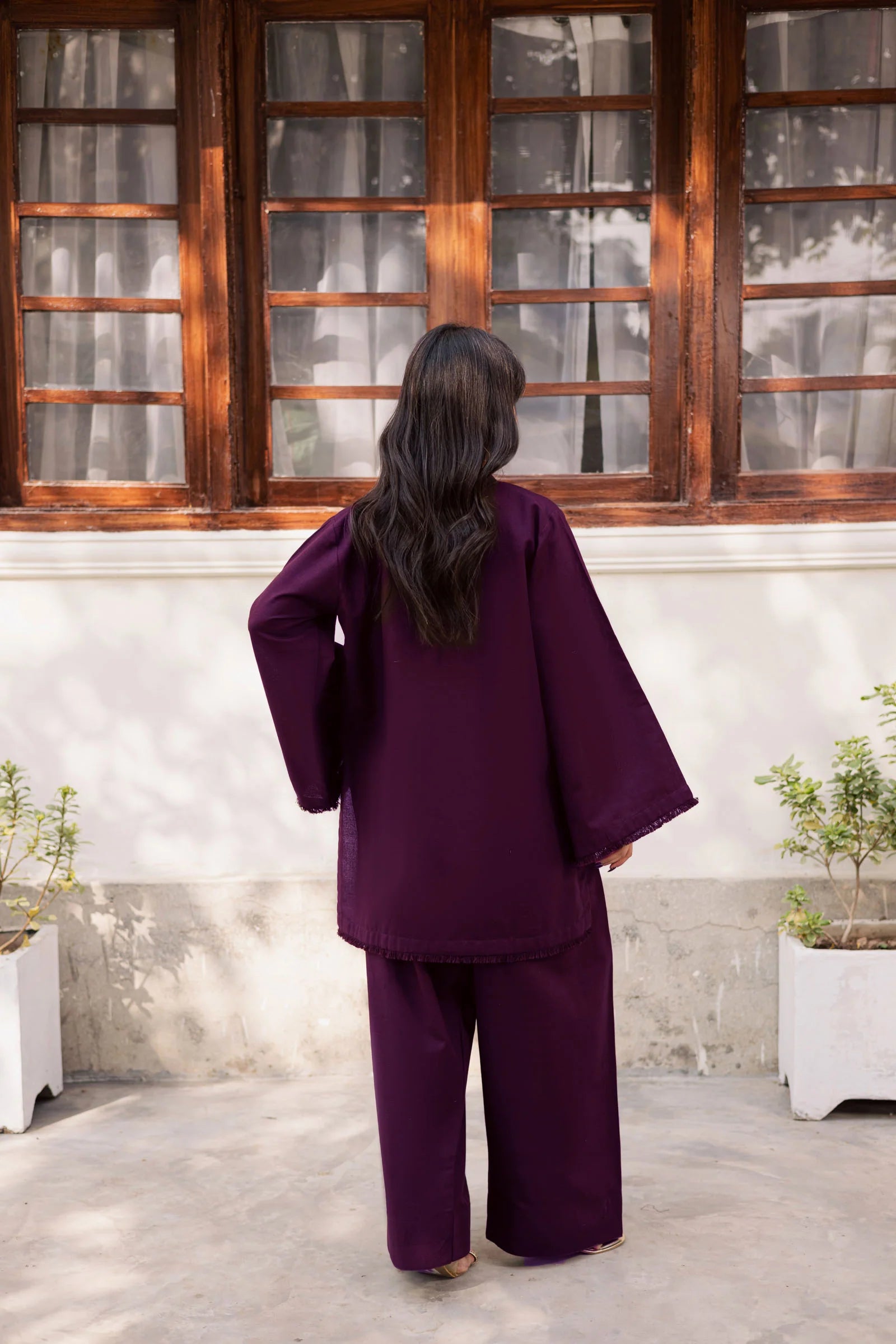 ATM26180 | Pakistani Designer Solid Dark Plum Stitched 2PC Khaddar Co-Ord Set