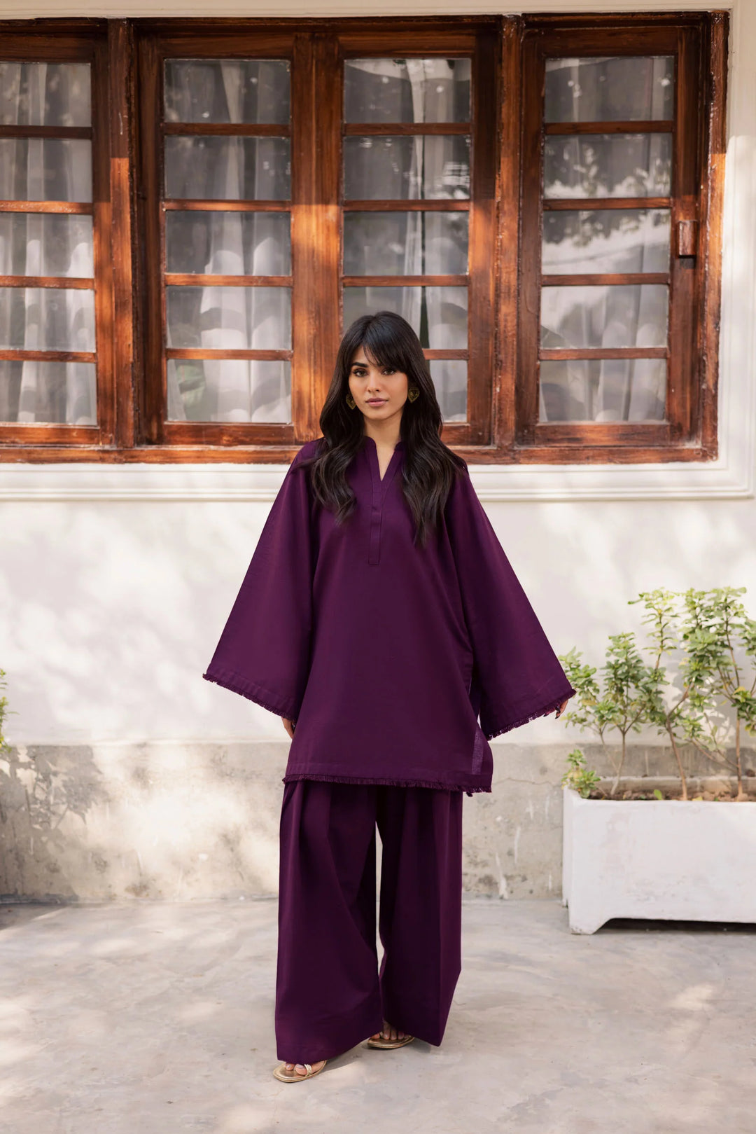 ATM26180 | Pakistani Designer Solid Dark Plum Stitched 2PC Khaddar Co-Ord Set