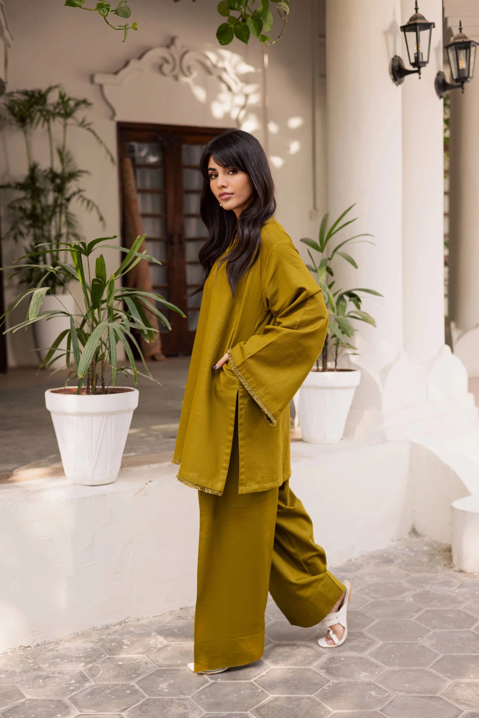 ATM26181 | Pakistani Designer Solid Green Stitched 2PC Khaddar Co-Ord Set