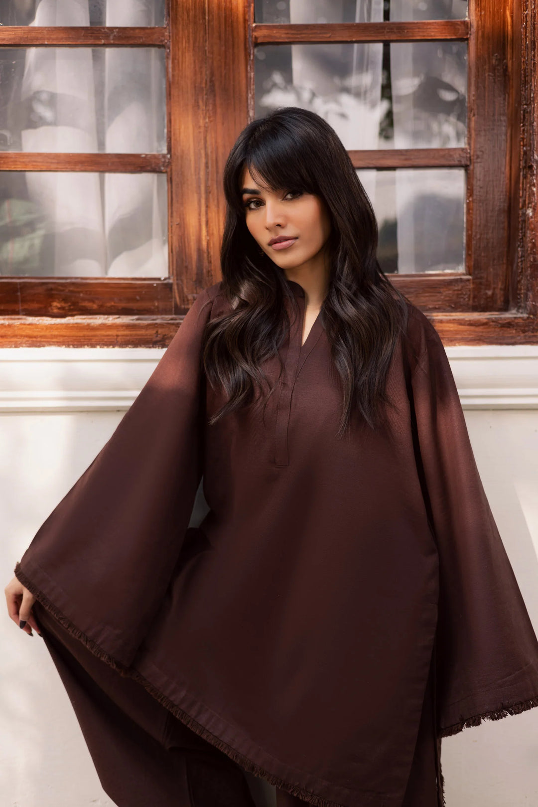 ATM26182 | Pakistani Designer Solid Dark Brown Stitched 2PC Khaddar Co-Ord Set