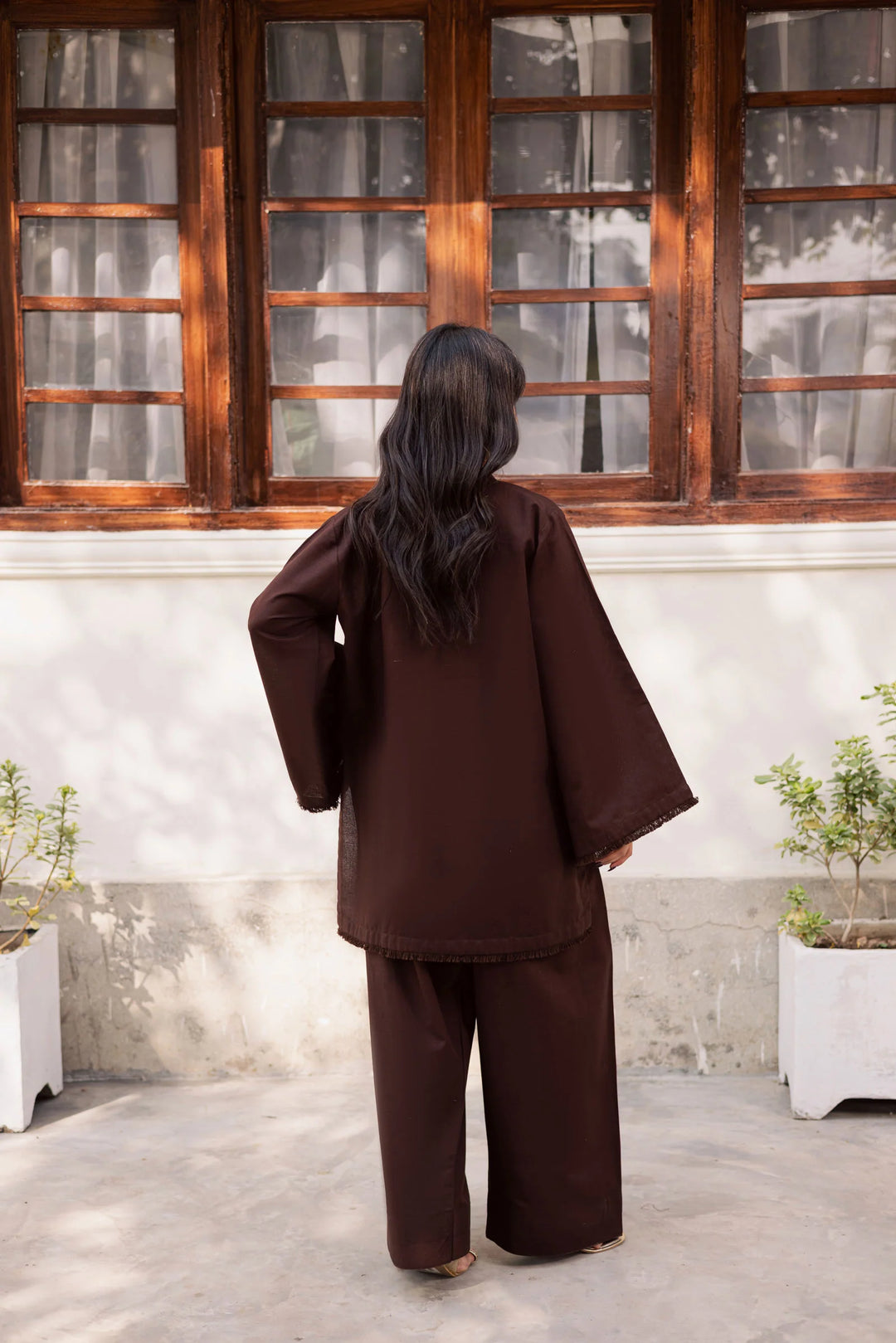 ATM26182 | Pakistani Designer Solid Dark Brown Stitched 2PC Khaddar Co-Ord Set