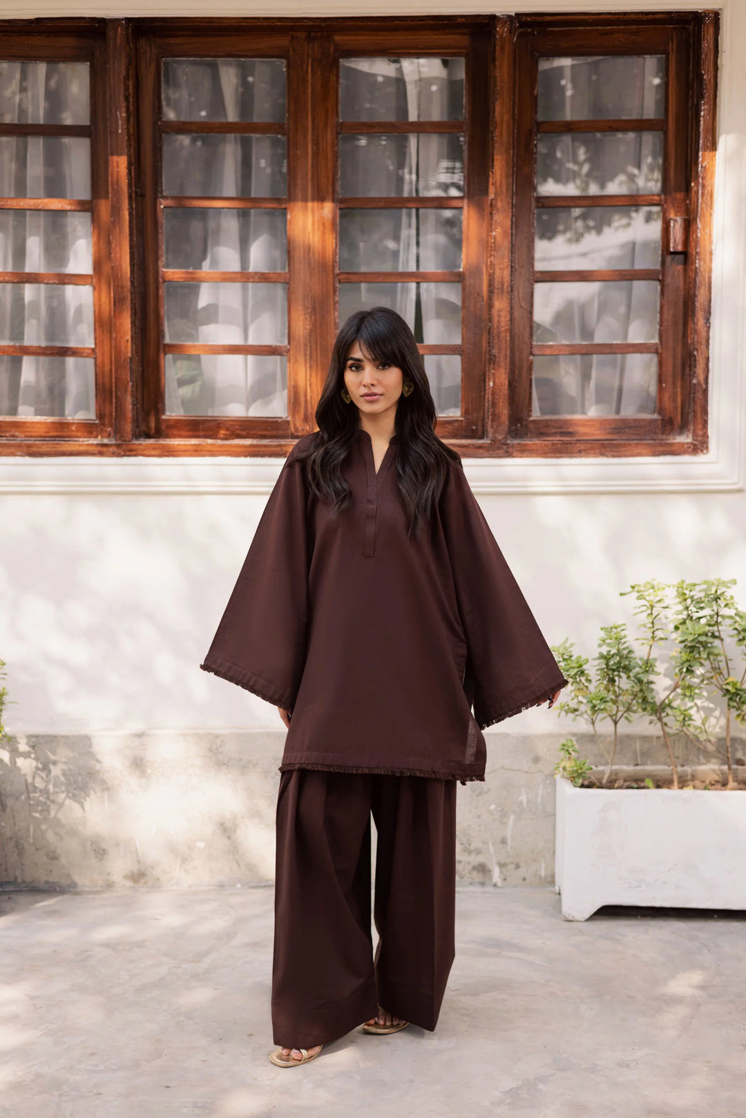 ATM26182 | Pakistani Designer Solid Dark Brown Stitched 2PC Khaddar Co-Ord Set