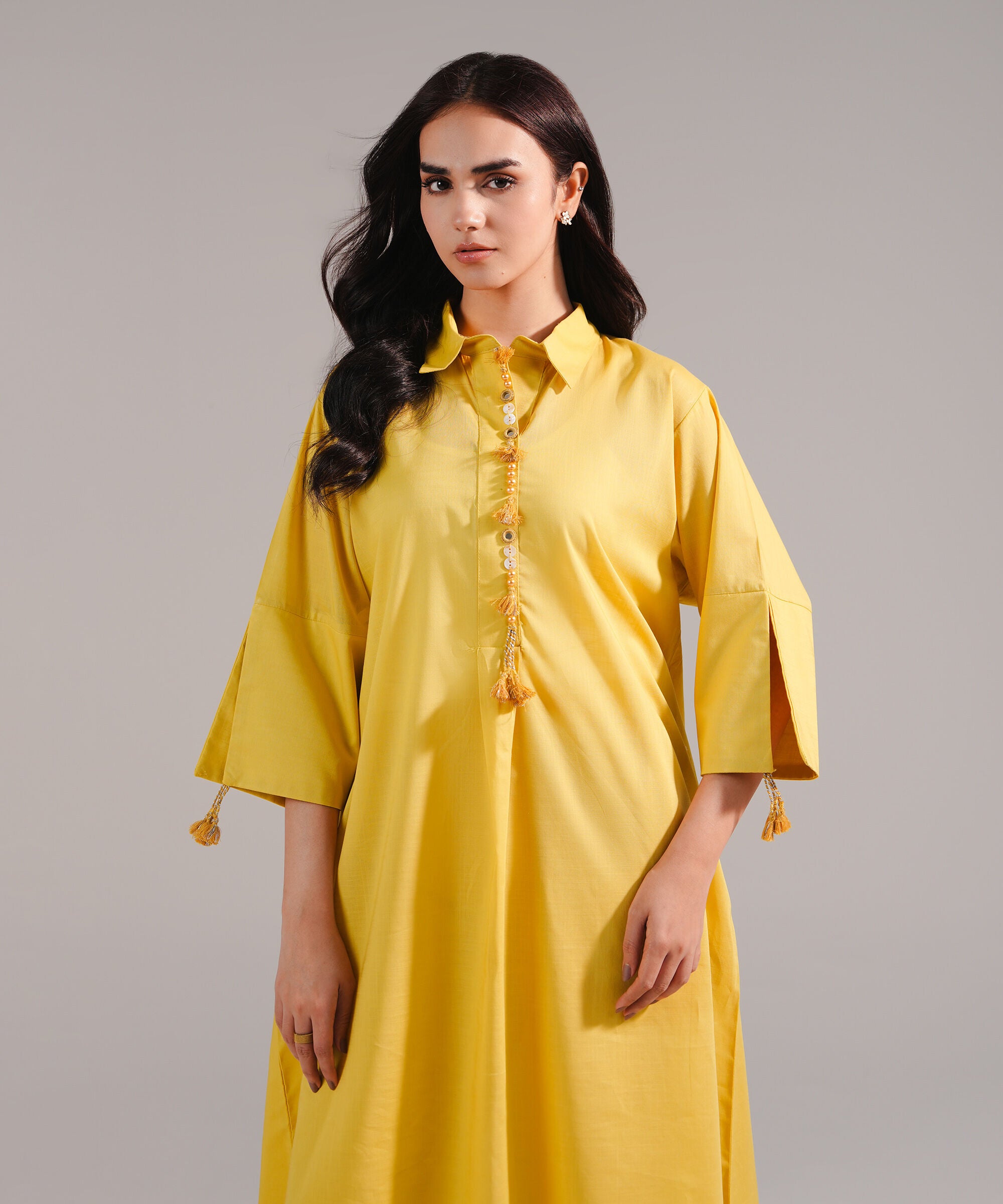 ATM26184 | Pakistani Designer Sapphire Solid Yellow Stitched 2PC Lawn Co-Ord Set