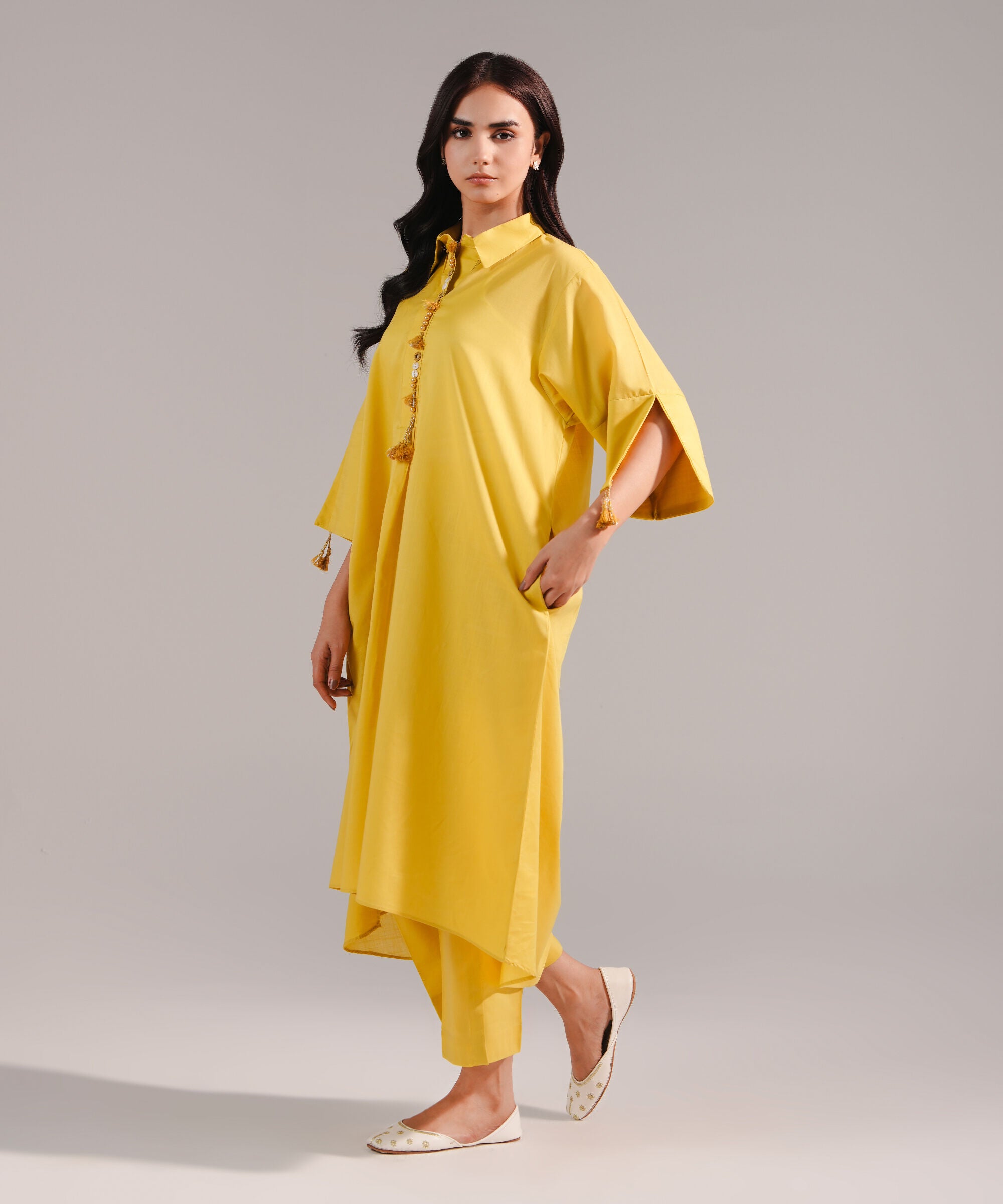 ATM26184 | Pakistani Designer Sapphire Solid Yellow Stitched 2PC Lawn Co-Ord Set