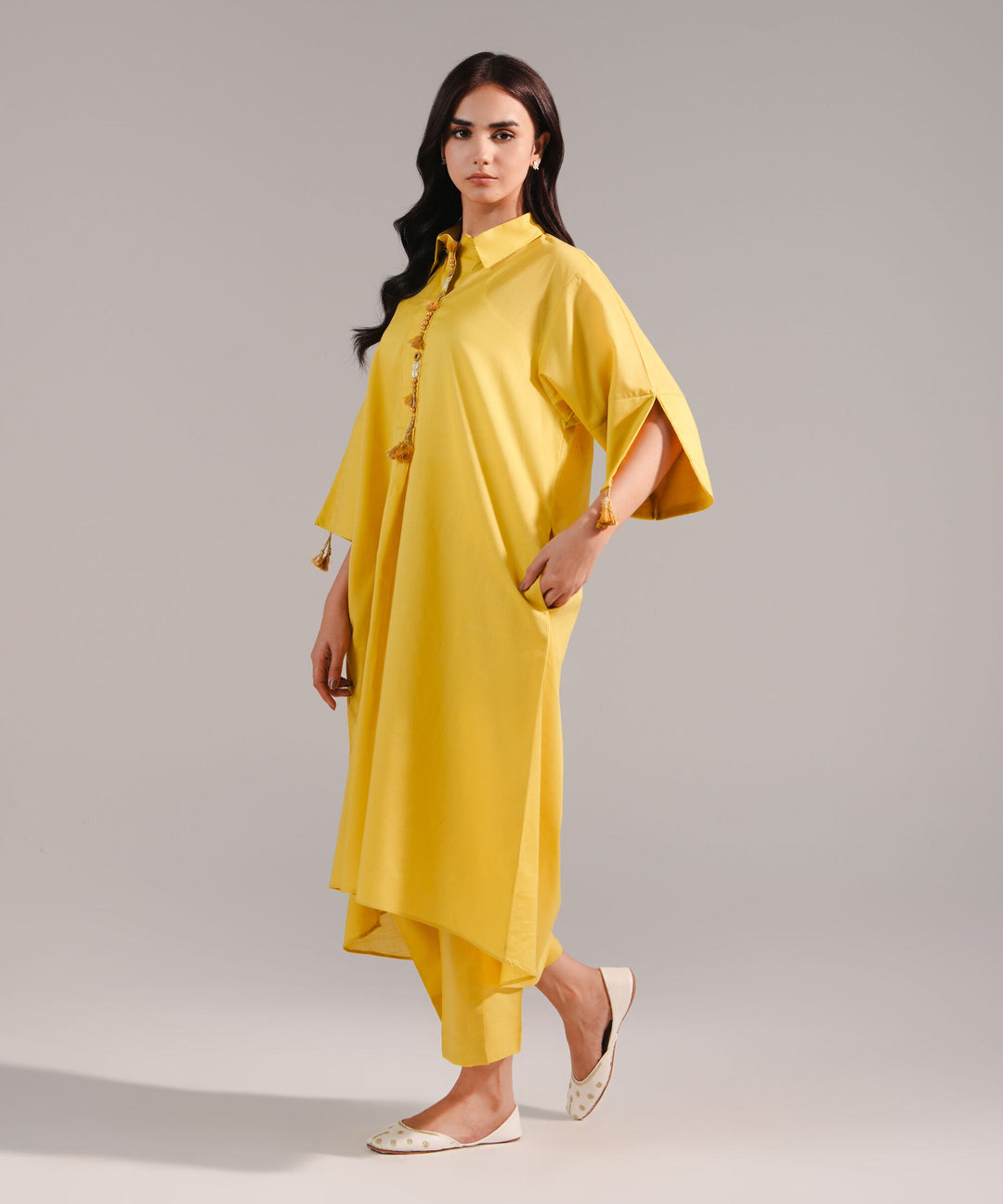 ATM26184 | Pakistani Designer Sapphire Solid Yellow Stitched 2PC Lawn Co-Ord Set