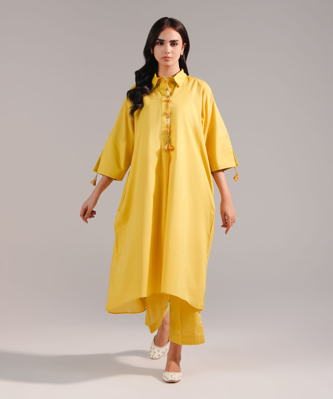 ATM26184 | Pakistani Designer Sapphire Solid Yellow Stitched 2PC Lawn Co-Ord Set