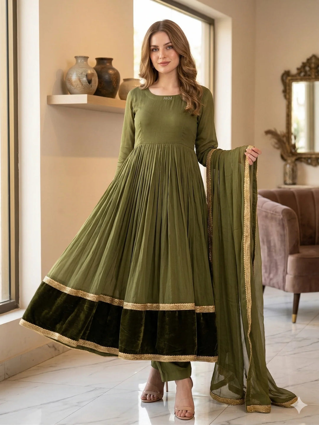 ATM26211 | Pakistani Designer's Chiffon Readymade Anarkali-style maxi dress