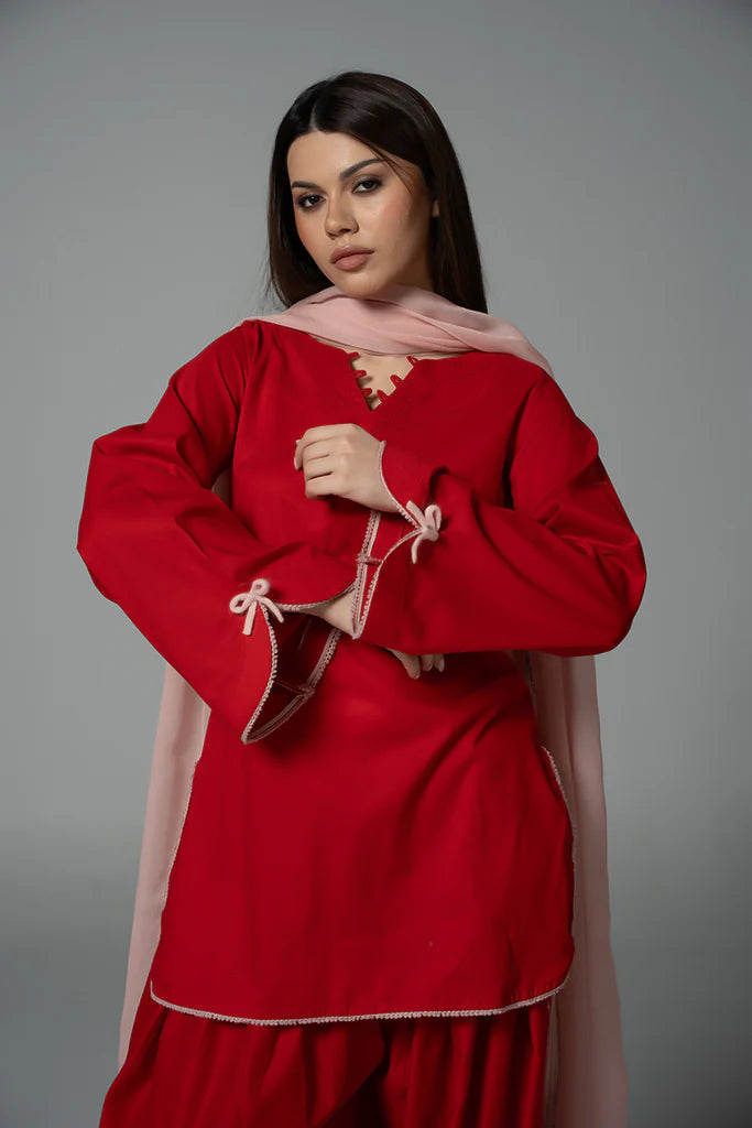 ATM26214 | The Rose Red Cotton Short Shirt Paired With Farshi Shalwar