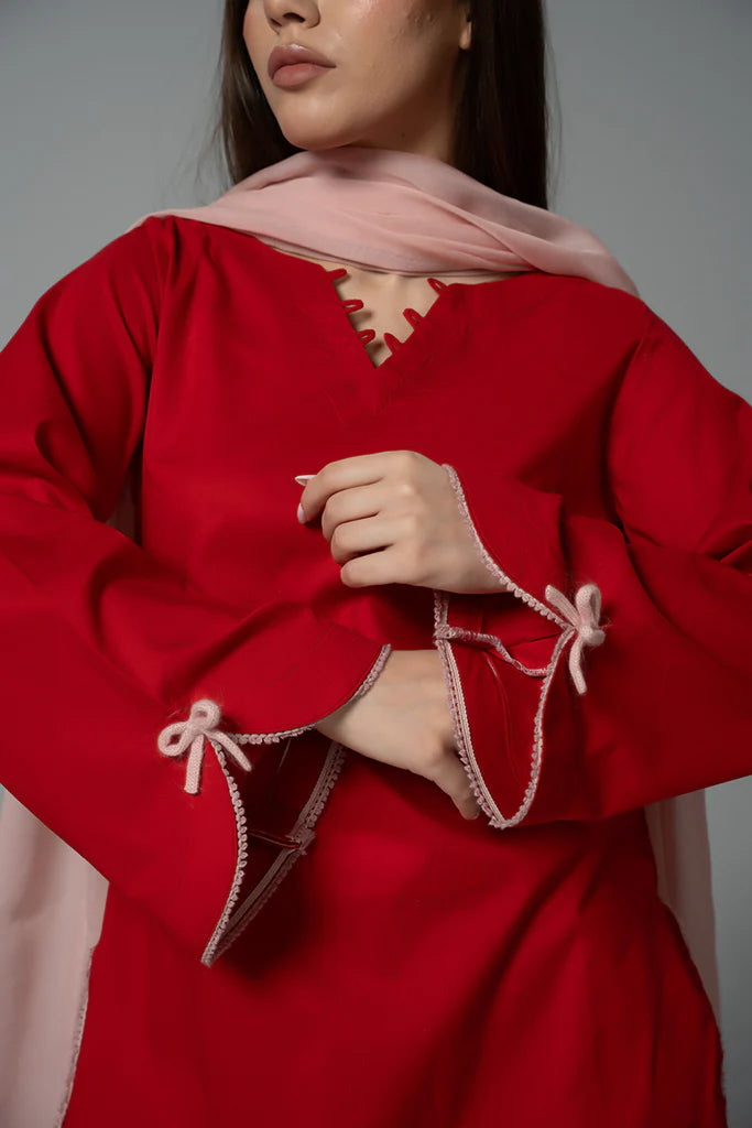 ATM26214 | The Rose Red Cotton Short Shirt Paired With Farshi Shalwar