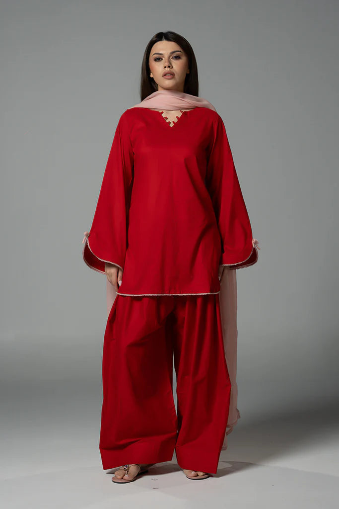 ATM26214 | The Rose Red Cotton Short Shirt Paired With Farshi Shalwar