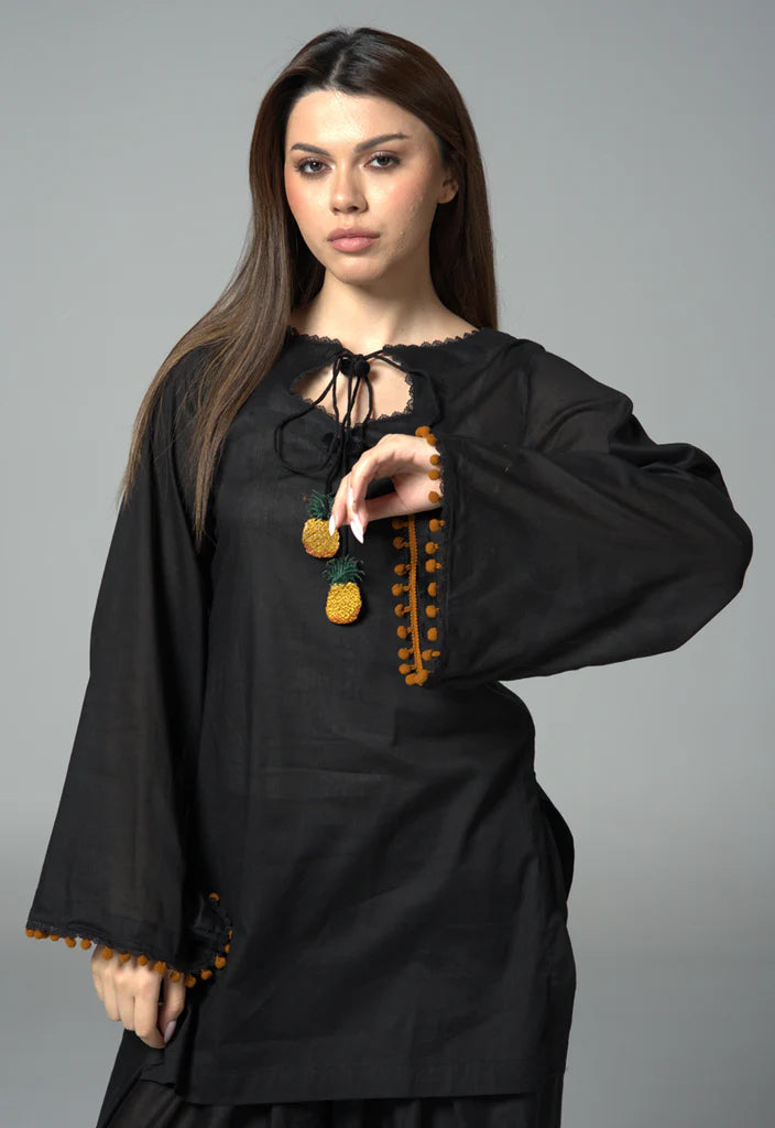 ATM26215 | The Black Cotton Short Shirt Paired With Farshi Shalwar